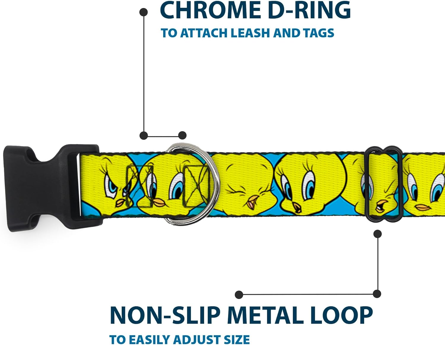 Buckle-Down Plastic Clip Collar - Tweety Bird CLOSE-UP Expressions Baby Blue - 1.5" Wide - Fits 16-23" Neck - Medium