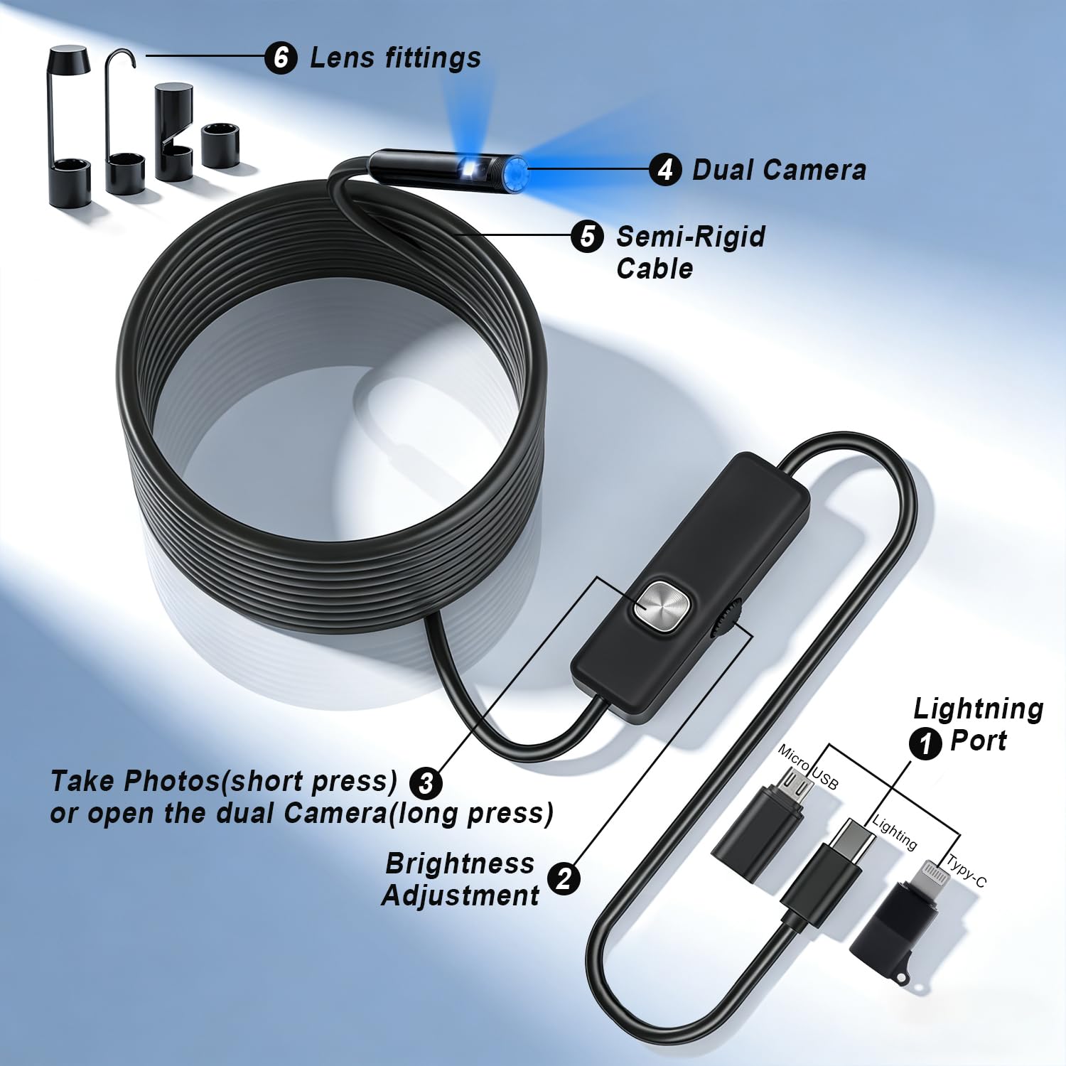 Endoskopkamera mit Licht, 5M Dual-Linsen-Boreskop Werkzeuge mit 8 einstellbaren LED-Lichtern, Endoskop mit halbstarrer Schlangenkamera, IP67 Wasserdichtes Endoskop für iOS und Android (Dual-Linse 5M)