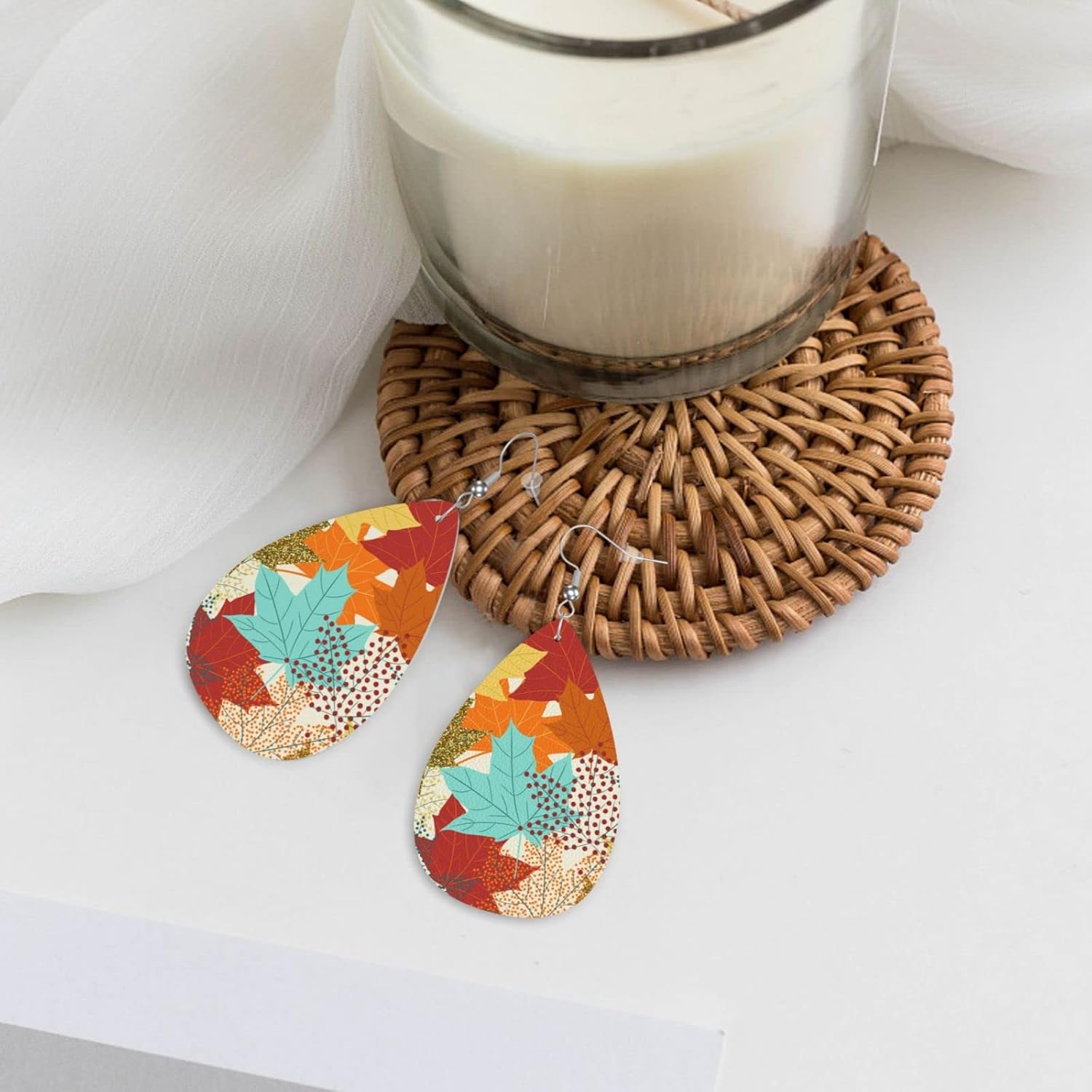 Colorful Autumn Fall Maple Leaves Faux Leather Teardrop Earrings for Women Drop Dangle Earrings Gift - Image 6