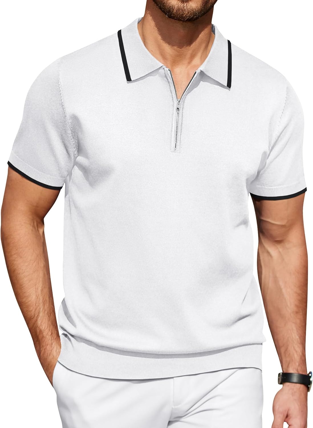 COOFANDY Men's Zipper Polo Shirt Casual Knit Short Sleeve Polo T Shirt Classic Fit Shirts
