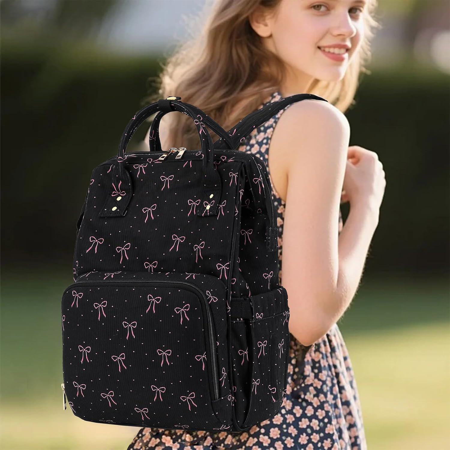 Corduroy Diaper Bag Backpack for Mom, Large Capacity Travel Nappy Bag for Baby Girls & Boys with Stroller Straps (Corduroy Bow Tie Black)