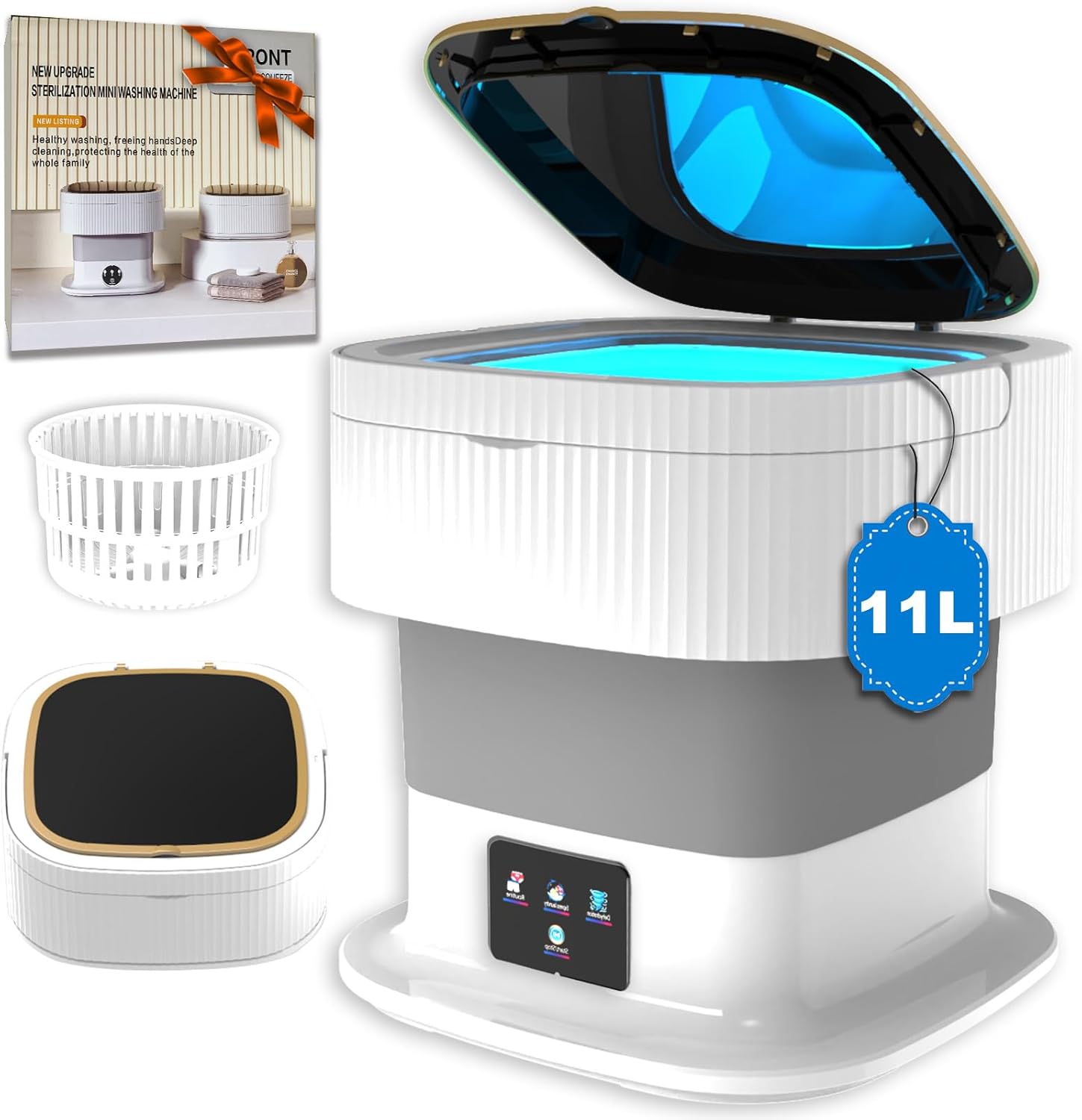 Portable Washing Machine, 11L Foldable Mini Washing Machine with Spin Dryer, Fold Small Washer, Large Capacity Collapsible Laundry Washer, Travel, Apartment, RV, Baby Clothes, Underwears, Socks (Grey)
