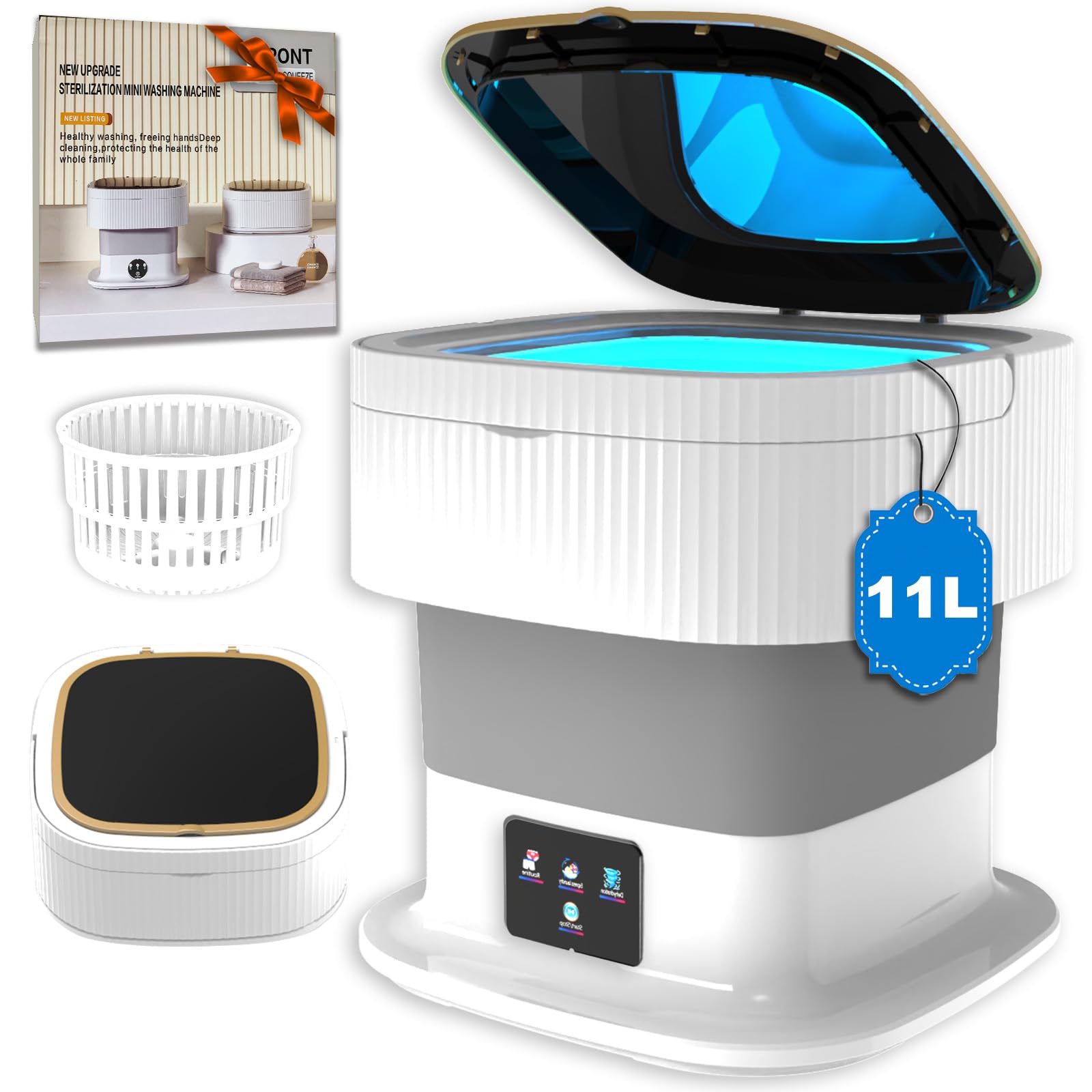 Portable Washing Machine, 11L Foldable Mini Washing Machine with Spin Dryer, Fold Small Washer, Large Capacity Collapsible Laundry Washer, Travel, Apartment, RV, Baby Clothes, Underwears, Socks (Grey)