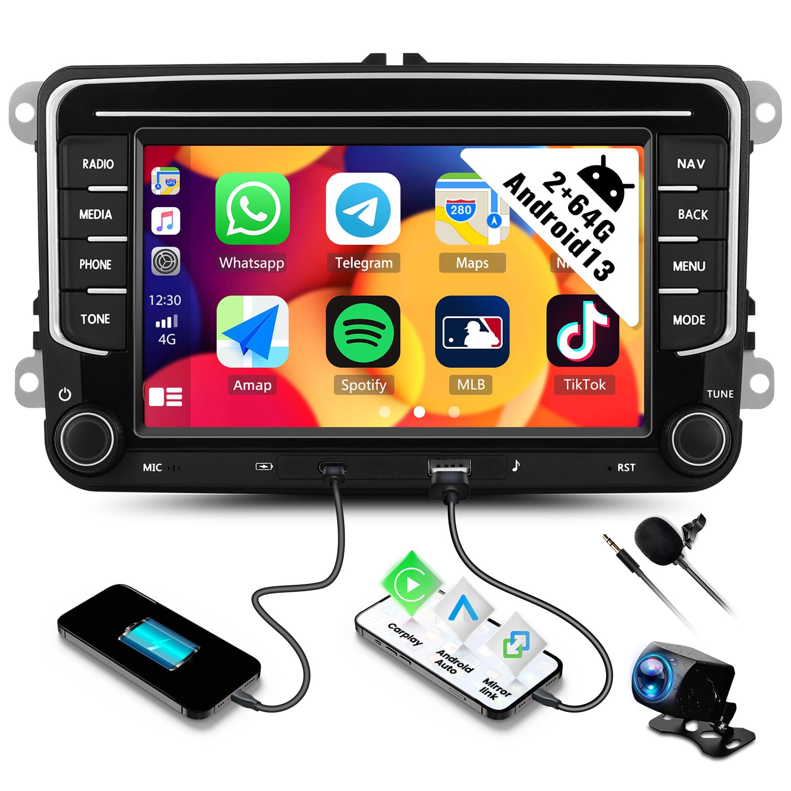 2G+64G Android 13 2 Din Car Stereo for VW Golf 5 MK5 MK6 Passat B6 Polo with Wireless Carplay Android Auto, GPS Navi WiFi 7 Inch Touch Screen Bluetooth Car Radio FM/RDS USB SWC+ Reverse Camera Mic