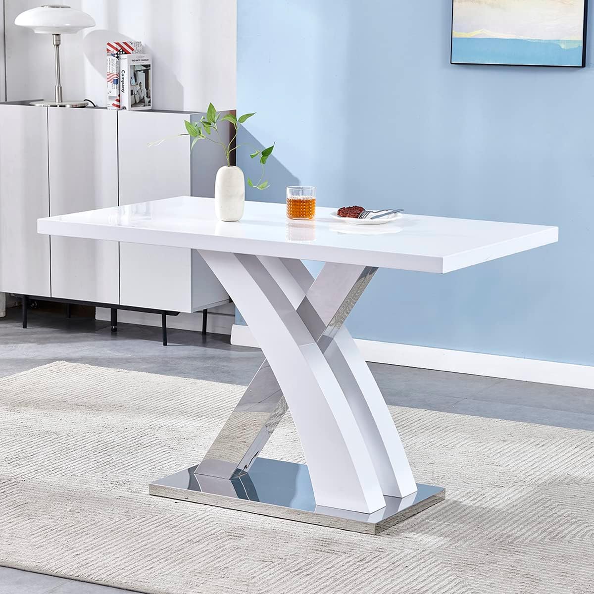 Modern Smooth High Gloss Kitchen Dining Table 120cm Length Dining Room Furniture Table (White with X shape)