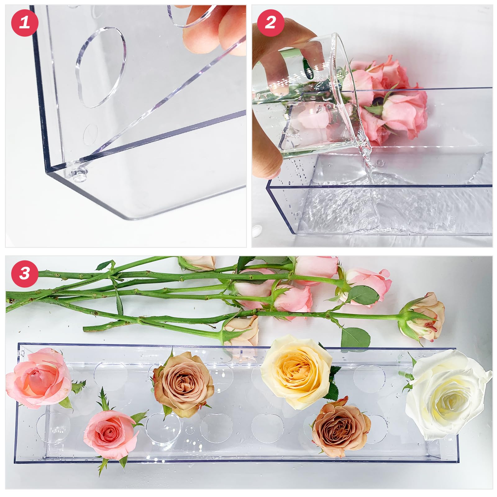 Paquete de 4 jarrones de acrílico transparente para mesa de comedor, jarrones bajos rectangulares florales de 63.2 pulgadas con 64 agujeros para mesa de comedor, arreglo floral moderno para decoración