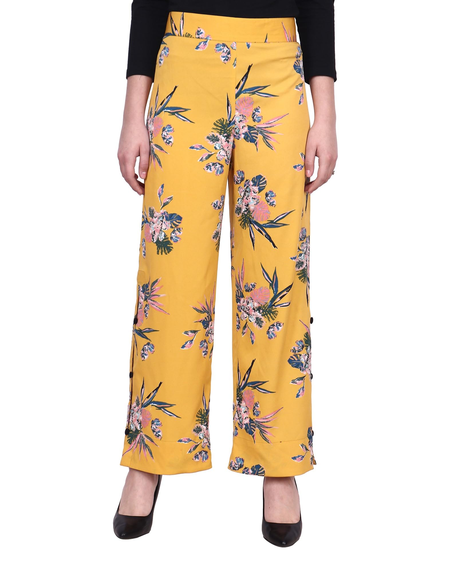 Popwings Casual Yellow Floral Printed Regular Fit Palazzo For Women Palazzos For Women