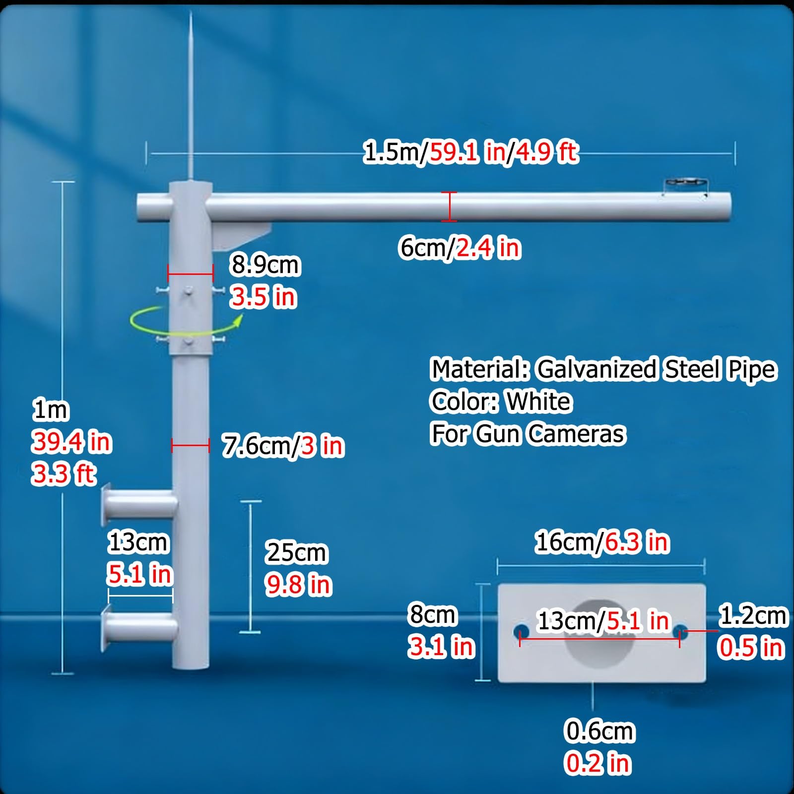 Este Poste Extensor de Montaje para cámara de Seguridad de Pared - Soporte de vigilancia Exterior Desmontable de 1 Metro (3,3 pies) para Uso en Cualquier Clima - Soporte de cámara Ajustable