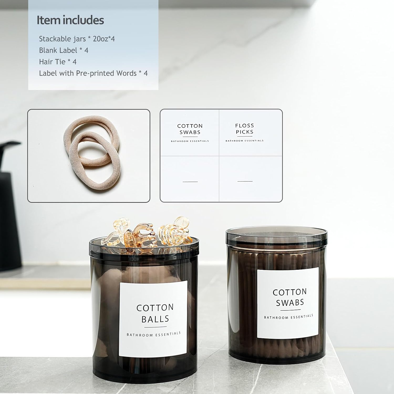 SheeChung 4-Pack Large 20oz Black Stackable Qtip Holder - Translucent Apothecary Jars with Storage Lids - Modern Bathroom Countertop Organizer for Cotton Balls, Pads, & Salts