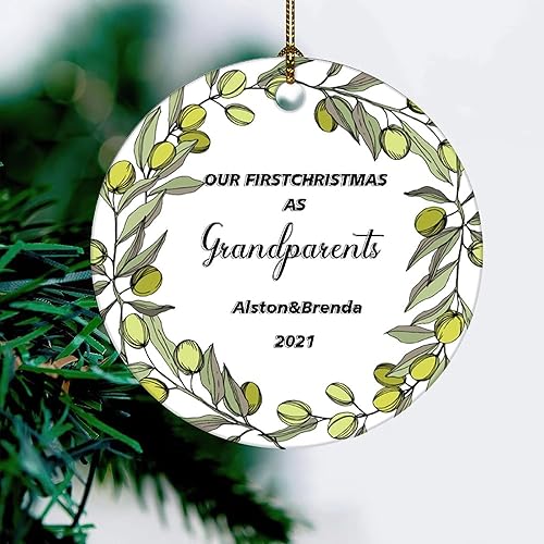 Nuestros primeros adornos de cerámica de recuerdo de Navidad, nuevos abuelos, impresión de doble cara, 3 x 3 pulgadas, decoración redonda de árbol