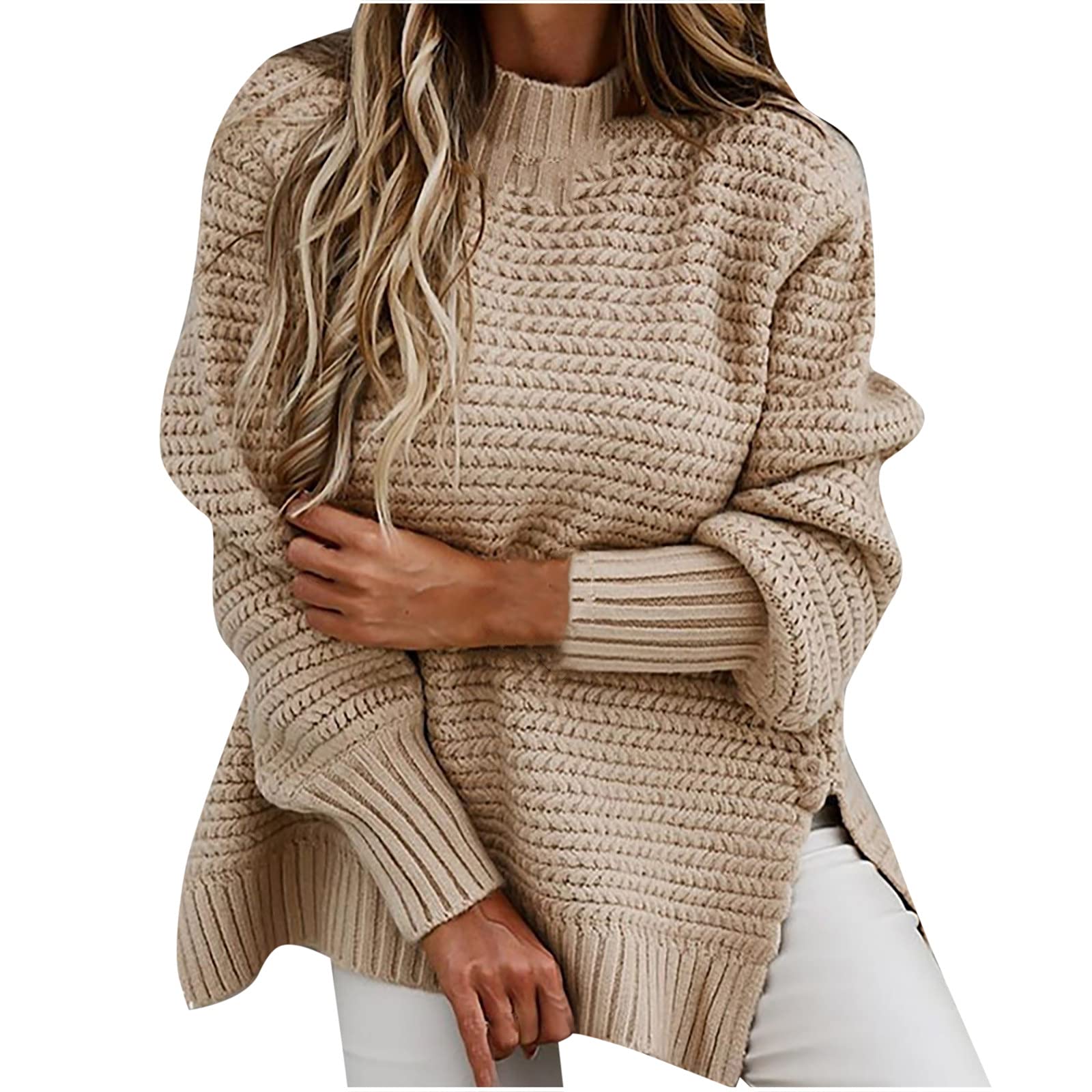 Women Oversized Sweater Turtleneck Batwing Sleeve Blouse Winter Long Sleeve Ladies Cable Knit Tops Side Split Jumpers