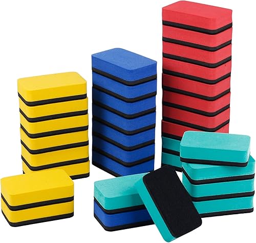 Borradores de borrado en seco rectangulares magnéticos para pizarra blanca, limpiadores para aula, oficina, uso doméstico (4 colores, 2.91 x 1.77