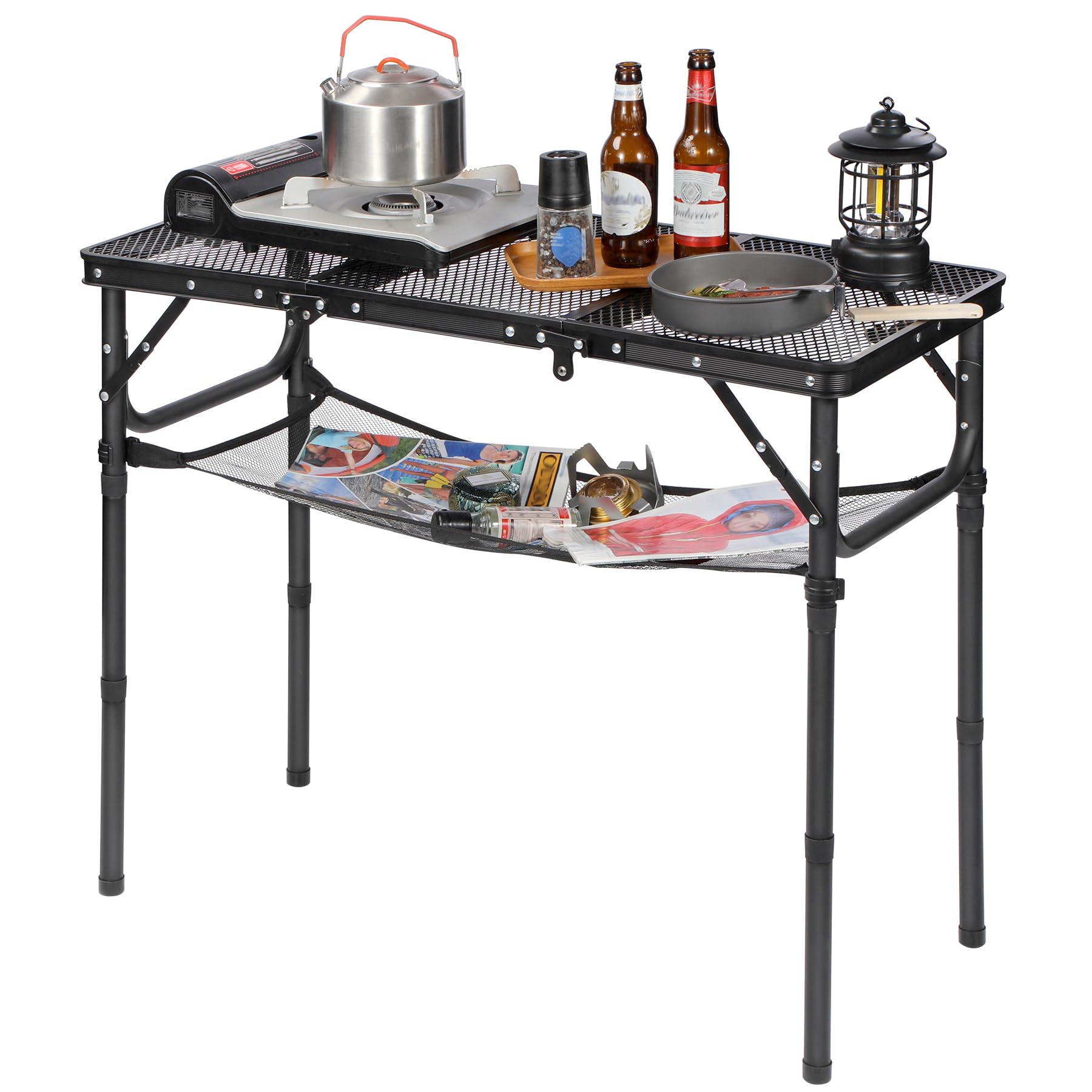 REDCAMP Tragbarer Grilltisch mit Mesh Desktop, höhenverstellbar, Schwarz | 87 x 40cm, Leichter Faltbarer Klappbarer Campingtisch, für Camping Kochen BBQ RV Picknick,einfach aufzubauen