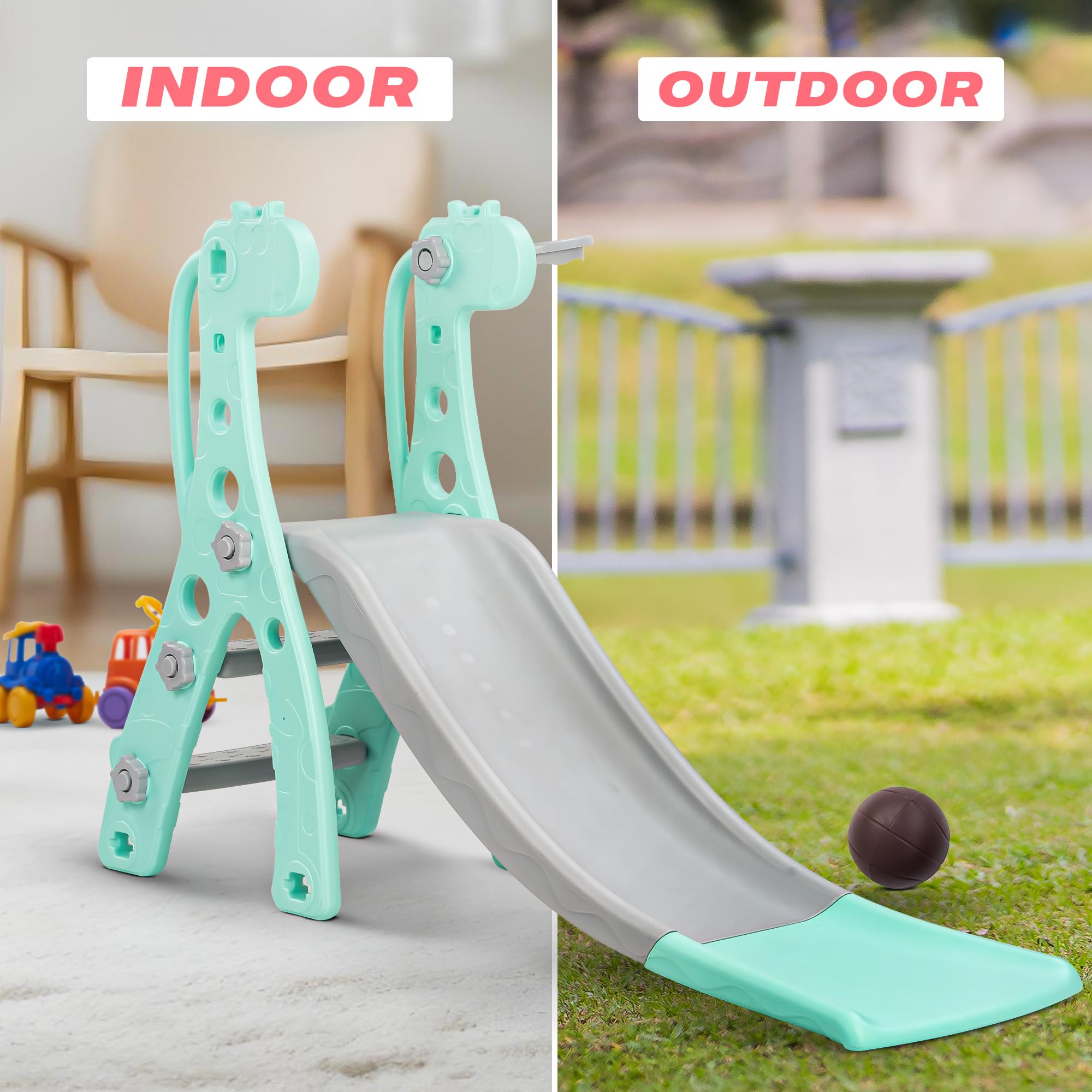 BAYBEE 2 in 1 Baby Slides for Kids,Garden Baby Sliding Toys with Basketball Hook,Indoor Outdoor Play Area Setup with Anti Slip Step & Handrails,Slider for Kids 2 to 5 Years Giraffe),Multicolor 2
