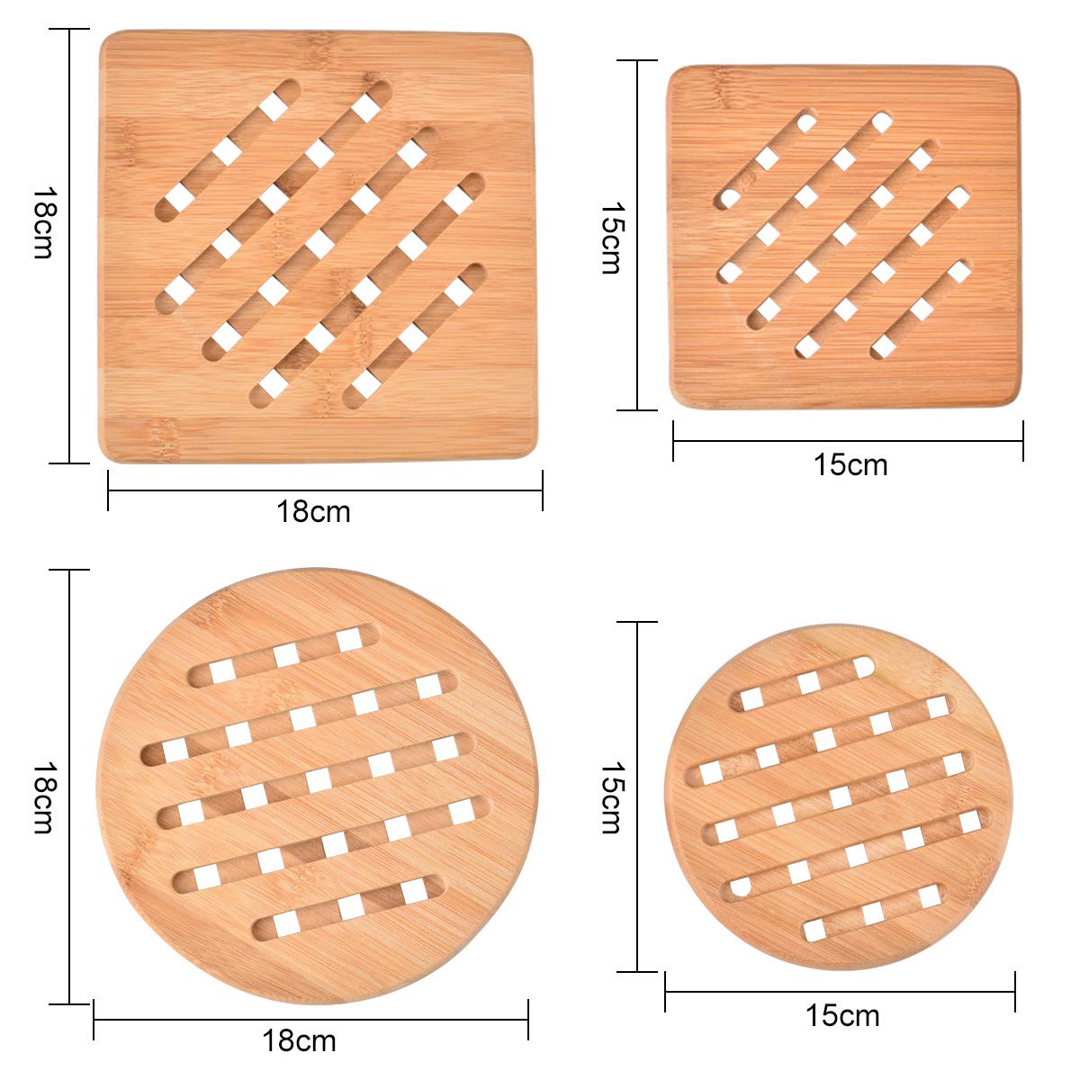 4er Set Bambus Topfuntersetzer – 2 Runde, 2 Quadratische (je 15 Cm), Hitzebeständig, FSC-zertifiziert, Für Töpfe, Pfannen & Teller