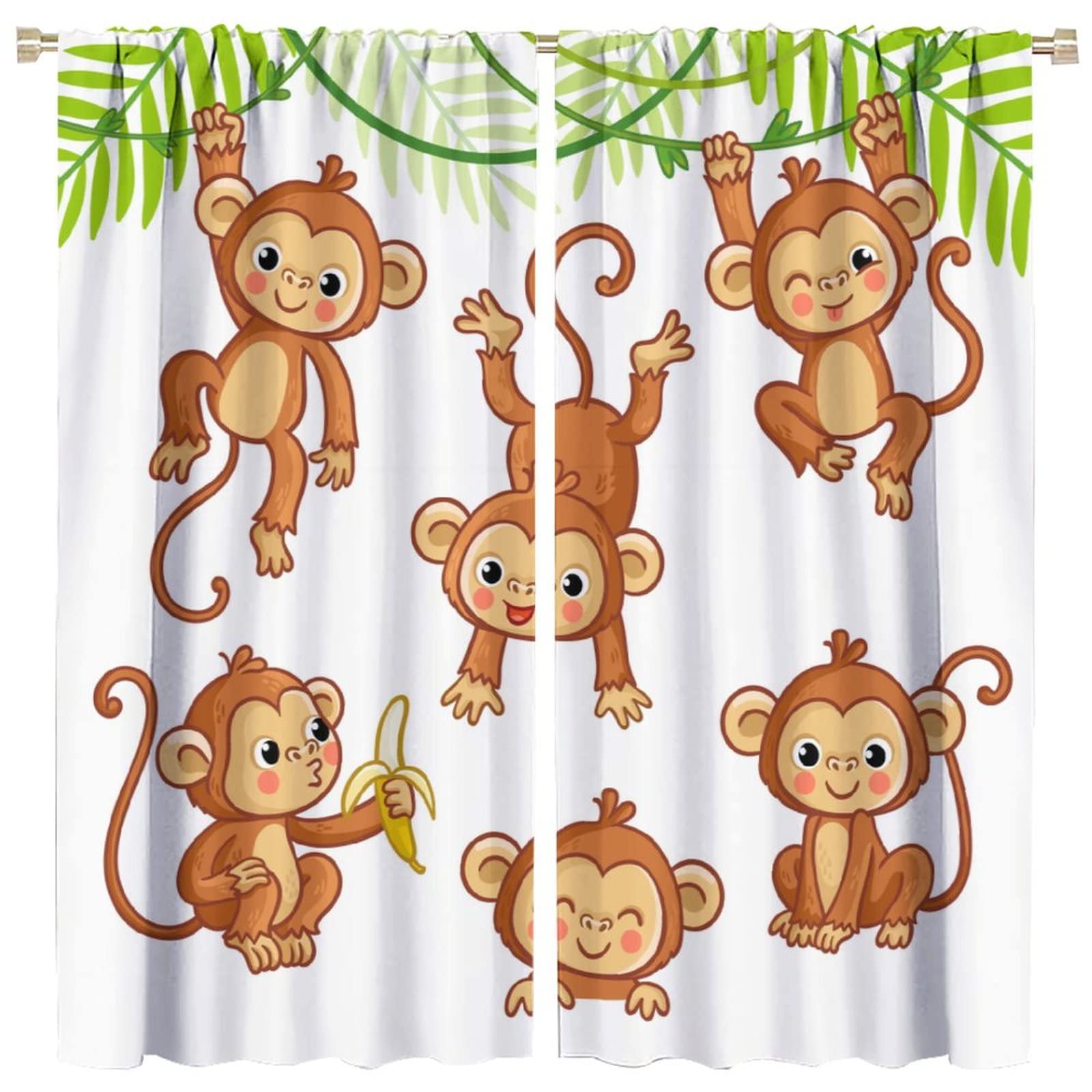 Monkey Blackout Curtain,Kids Cute Cartoon Animal Banana Forest Window Curtains Drapes Rod Pocket for Living Room Kitchen Cafe Bedroom Dining Room Decor,42x45 in