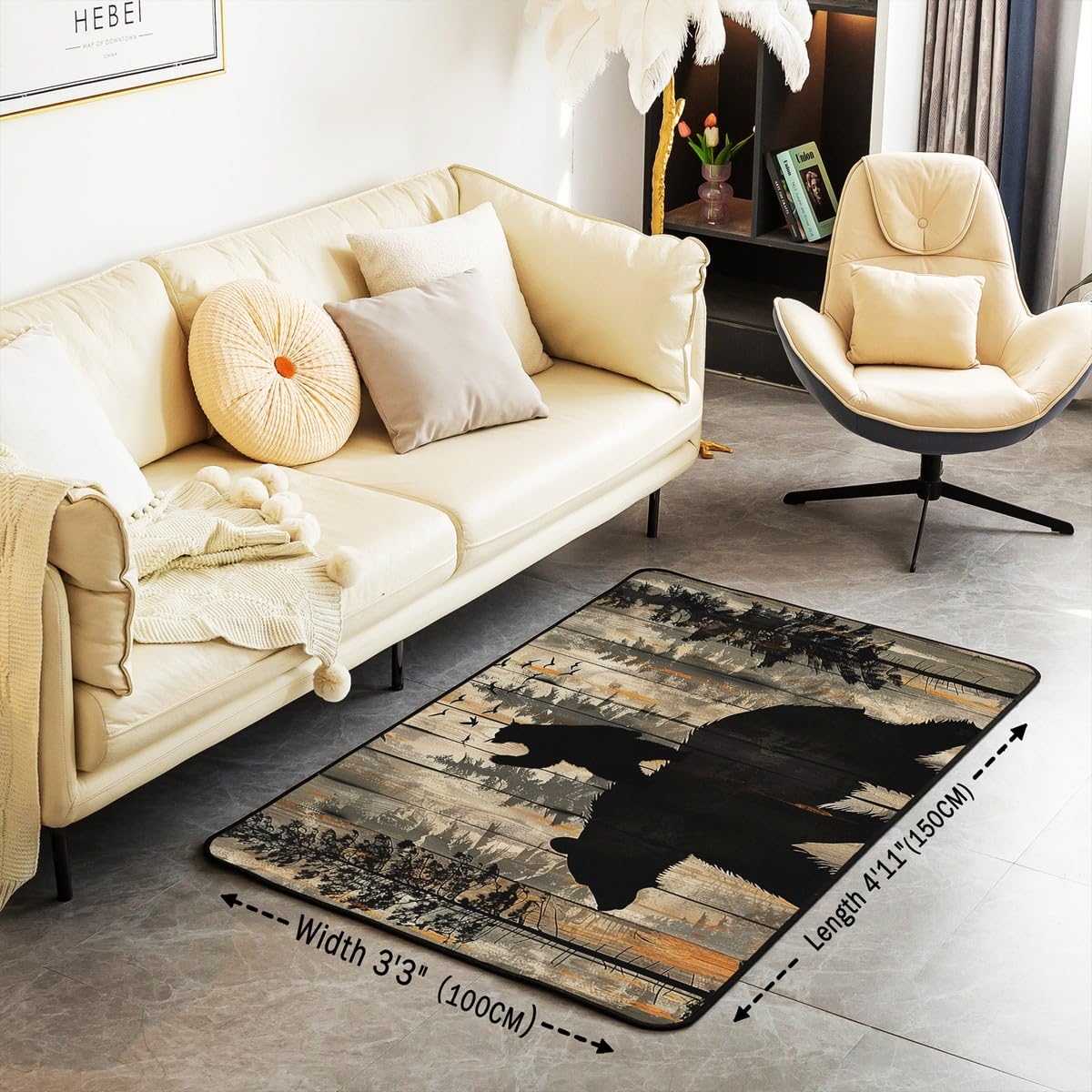 Homewish Rustykalne dywaniki z niedźwiedziem 100 x 150 cm dom wiejski dywan do salonu polowanie dzika przyroda nie gubi włosia dywan, dywaniki do domku wiejskiego