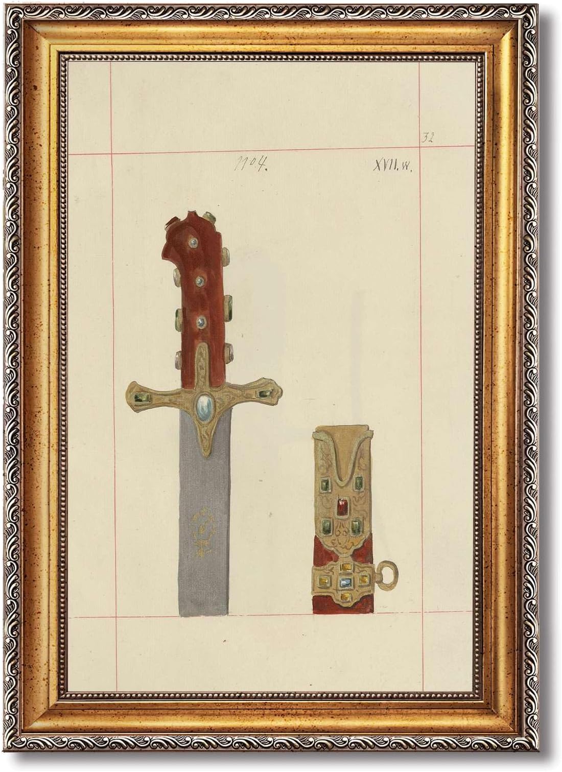 Vintage Framed Jeweled Medieval Sword Wall Art Canvas Print Oil Paintings Reproduction World Classics Gothic Artwork Poster Painting Pictures Wall Decor Elegant Home Decor Living Room Office (Retro Framed,12L"x16W")