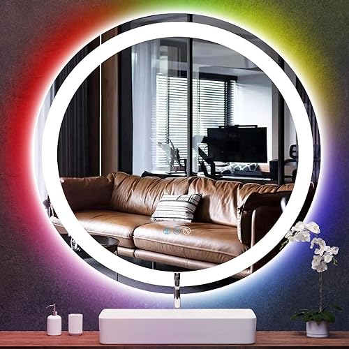 Espejo de baño LED de 30 pulgadas con luz frontal, 3 colores + espejo retroiluminado con retroiluminación RGB arcoíris para pared, antiniebla, de 30