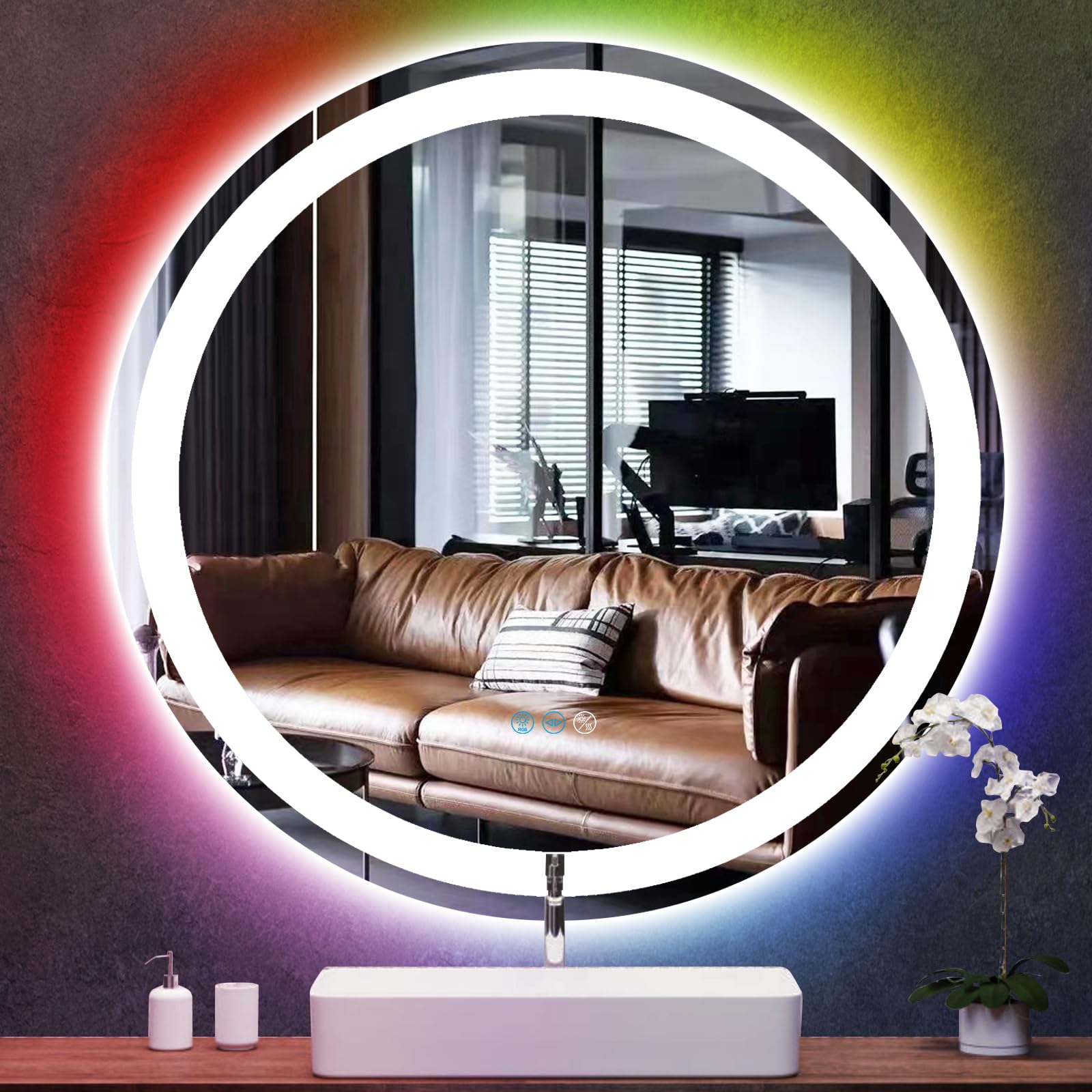 Miroir rond éclairé avec anti-buée et LED RVB arc-en-ciel pour salle de bain