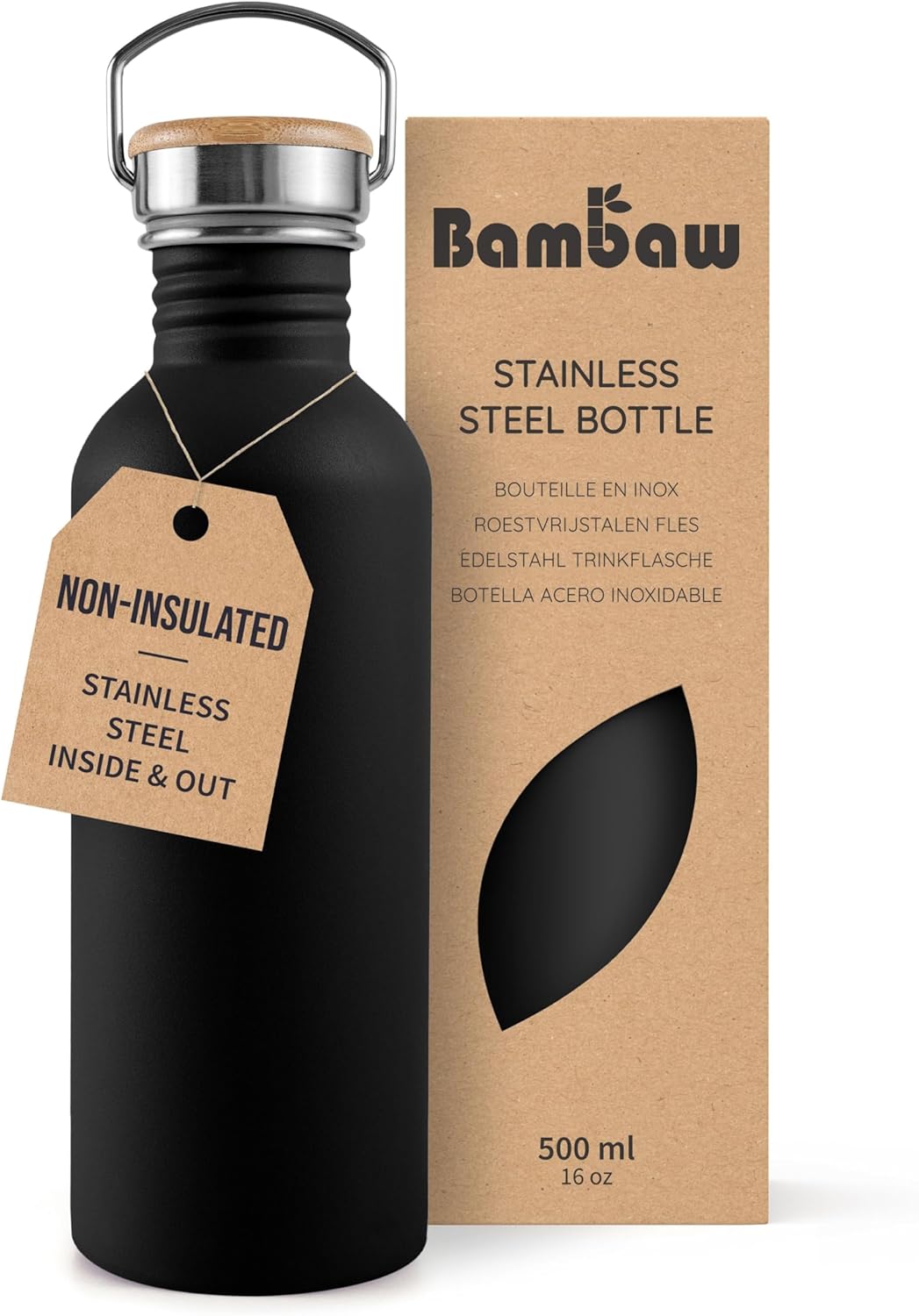Bambaw 16 oz Stainless Steel Water Bottle, Black - Non-insulated, Dishwasher Safe, No Straw