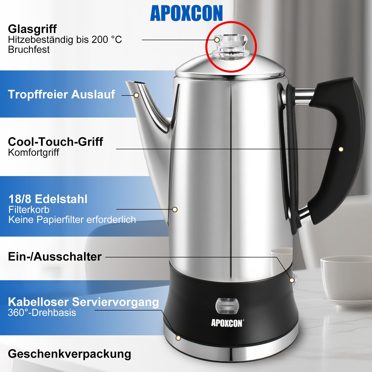 APOXCON Edelstahl Kaffeekanne Elektrisch, mit sichtbarem Brühknopf, cordless Servieren, aluminiumfrei,12 Tassen