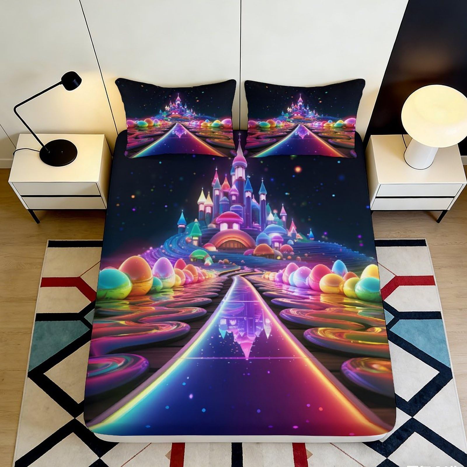 3D Printed Fantasy Castle Fitted Sheet Microfiber Deep Pocket Non-Slip Fantasy Castle Mattress Fitted Cover Bedroom Bedding 200x200x25cm
