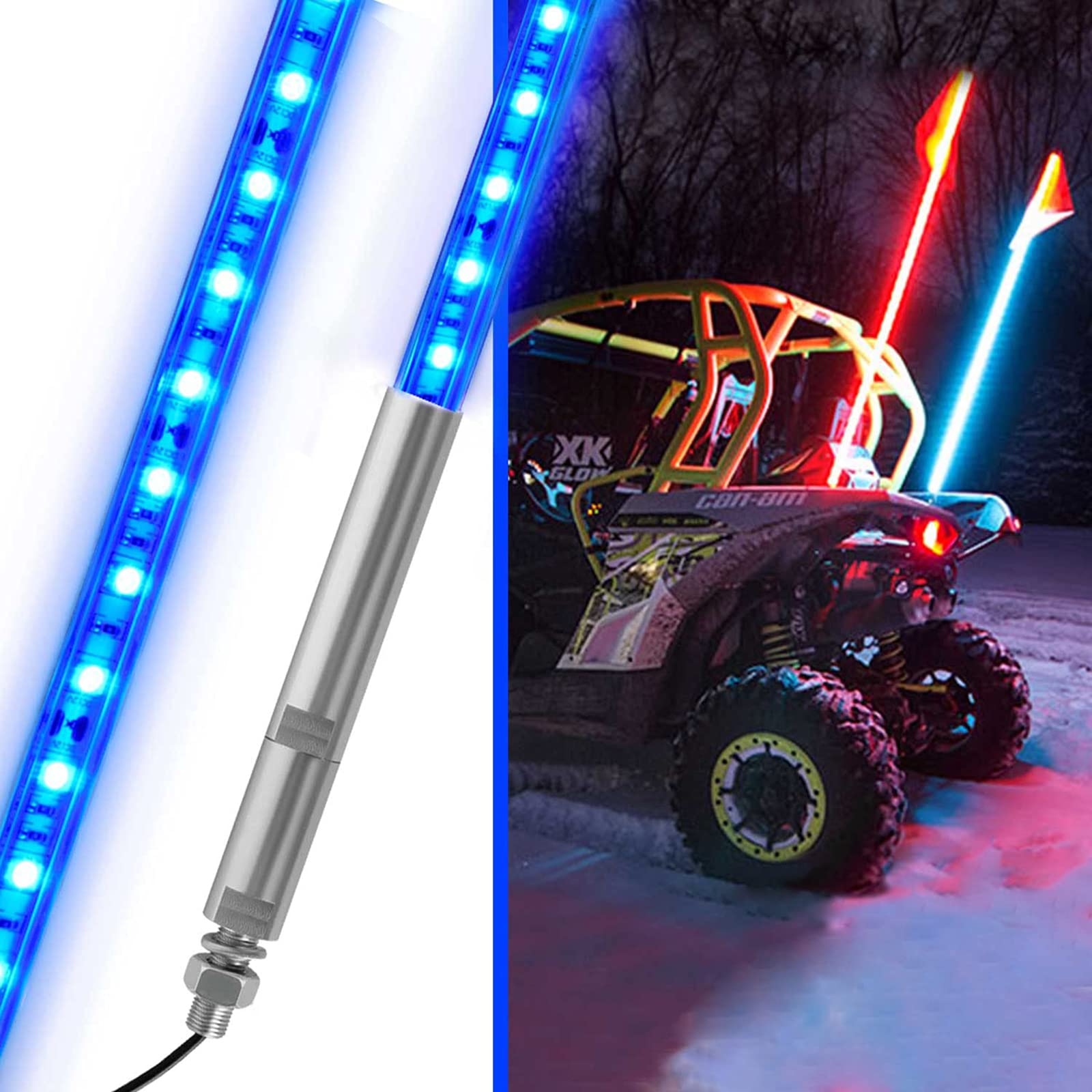 UTVJATV 3ft LED Whip Blue Lights Waterproof Flag Pole Safety Antenna with Flag for Can-Am Maverick X3 Sand Dune Buggy UTV ATV 2020 Polaris RZR XP 4X4