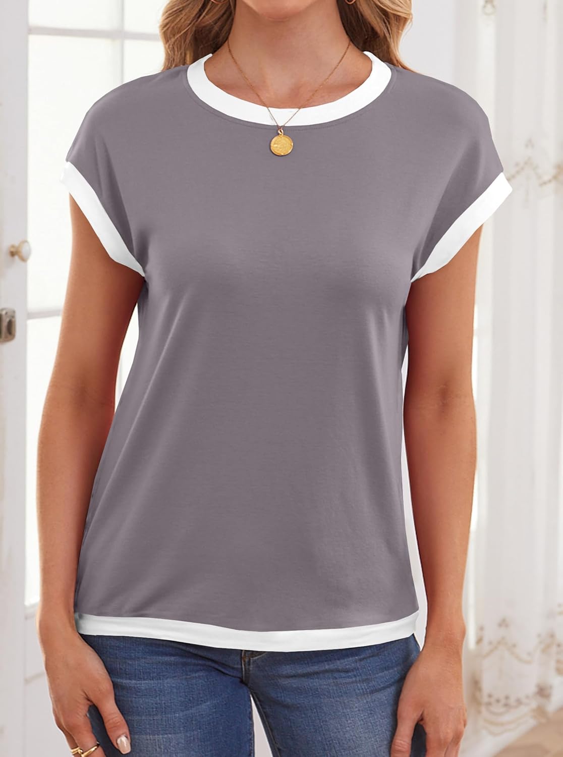 LilyCoco Womens Ringer Short Sleeve Shirts Summer Casual Basic Loose Fit Tops - Image 5