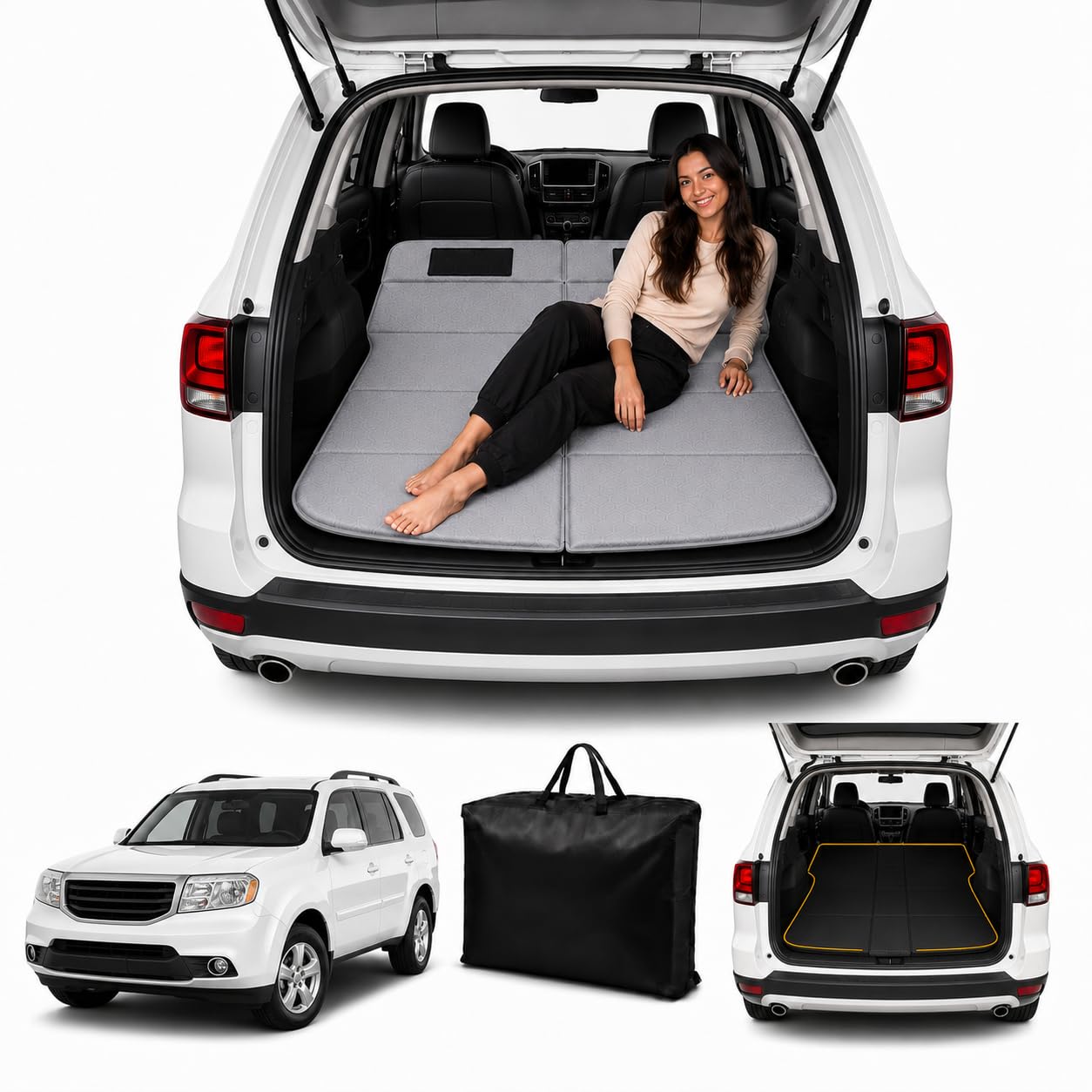 Car Mattress for Pilot 2009–2015, Upgraded Non-Inflatable Thickened Foam SUV Car Camping Mattress, Foldable Trunk Sleeping Pad Car Bed Mattress for Road Trips Camping Travel
