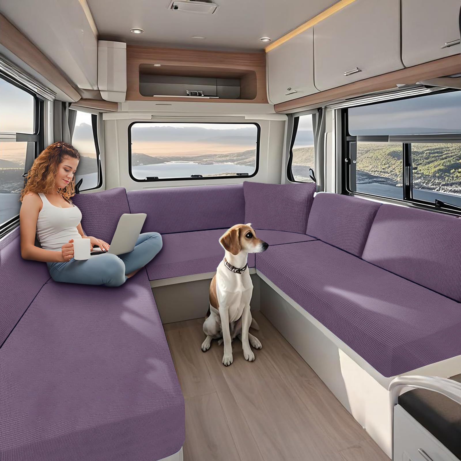 KYJSW High Stretch Caravan Couch Seat Cover Backrest Cover Double Non-Slip RV Dinette Cushion Covers With Elasticated And Tie-Down Straps (Purple,W 100-125 cm, D 50-70 cm) — image 1