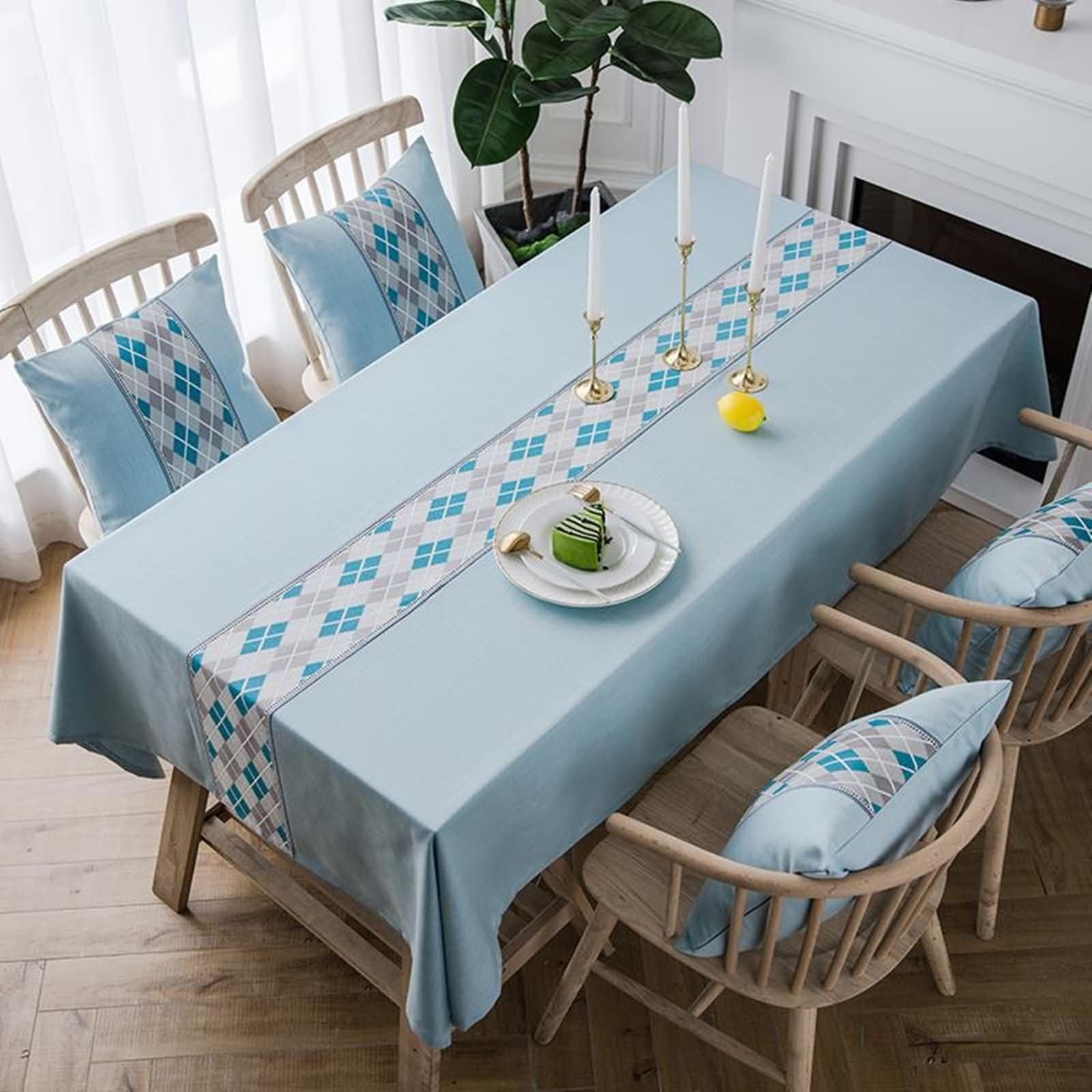 Mantel Lavable Rectangular Azul, Empalme con Rombos, de Poliéster Fácil de Limpiar, 135 x 180 cm, Mantel para Mesa de Centro