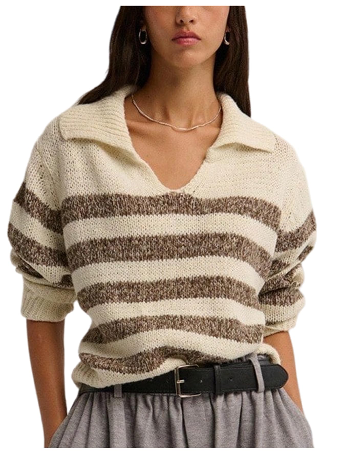 WDIRARA Womens Striped Sweaters Collared V Neck Pullover Knit Tops Knitwear