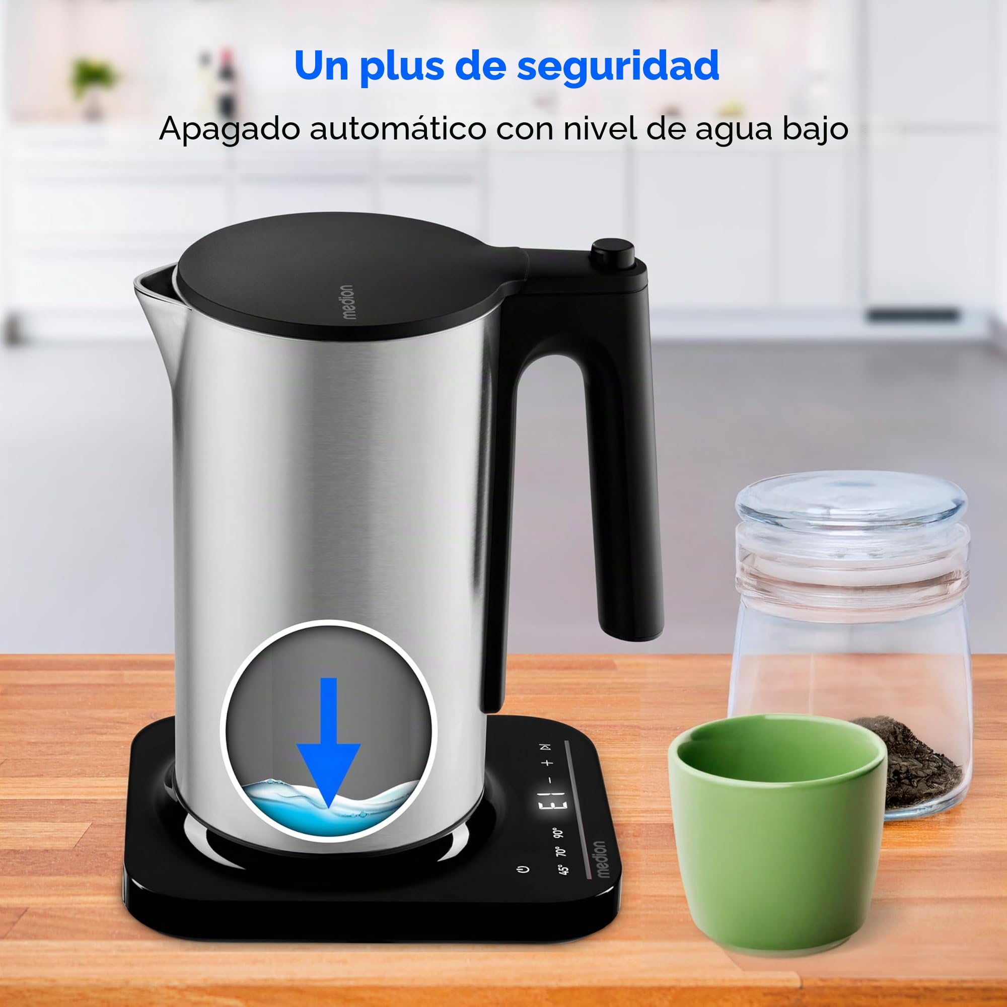 MEDION Hervidor digital LIFE MD12106, potencia de 2200 vatios, capacidad de 1,5 litros, pantalla LED, barra luminosa LED, programas automáticos, seguridad para niños, color plateado.