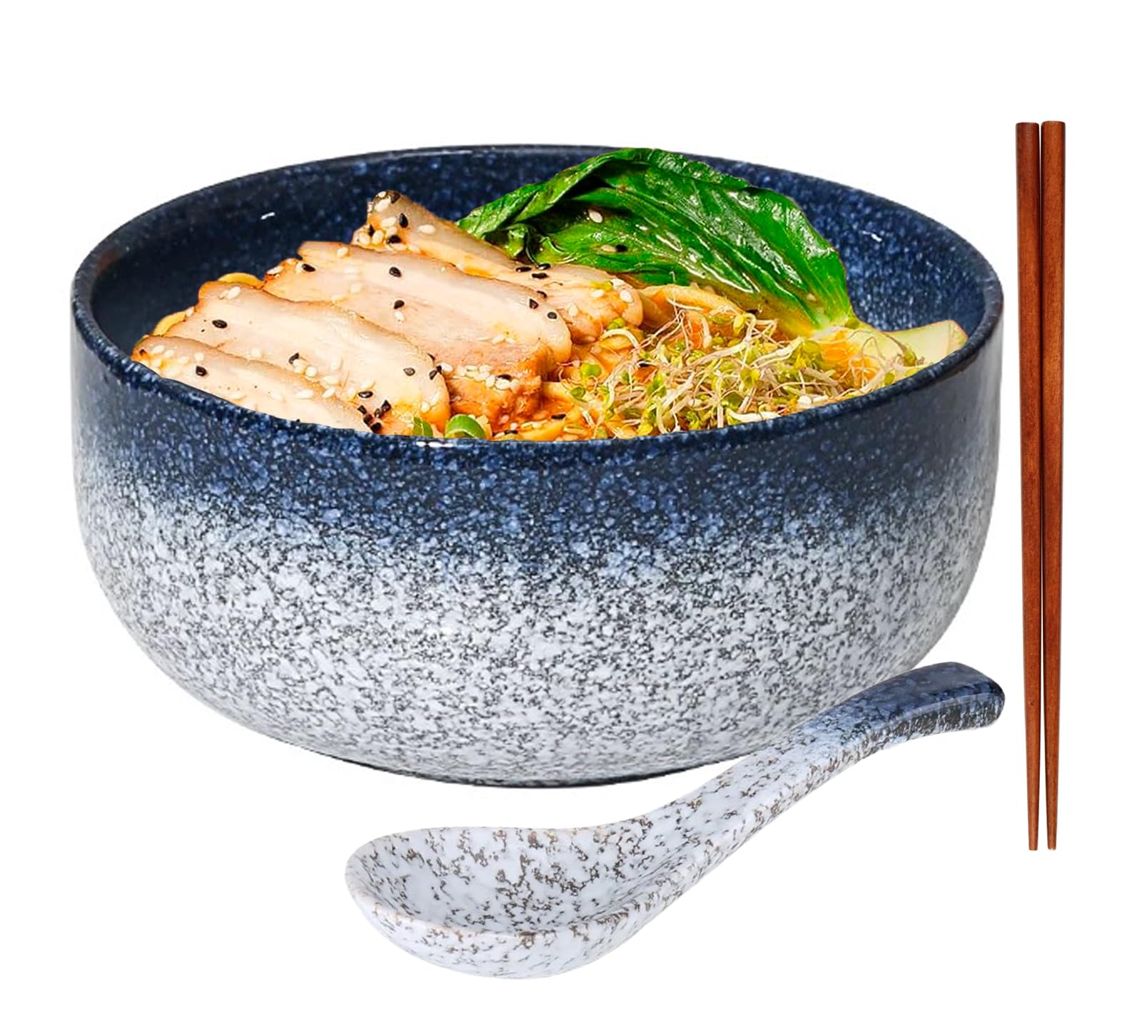 Ramen Bowl Set, Japanese Bowl Ceramic, Ramen Bowl with Spoon, Chopsticks, Ramen Bowl, Soup Bowls, Porcelain, Salad Bowls (Glass Blue) - Glass Blue