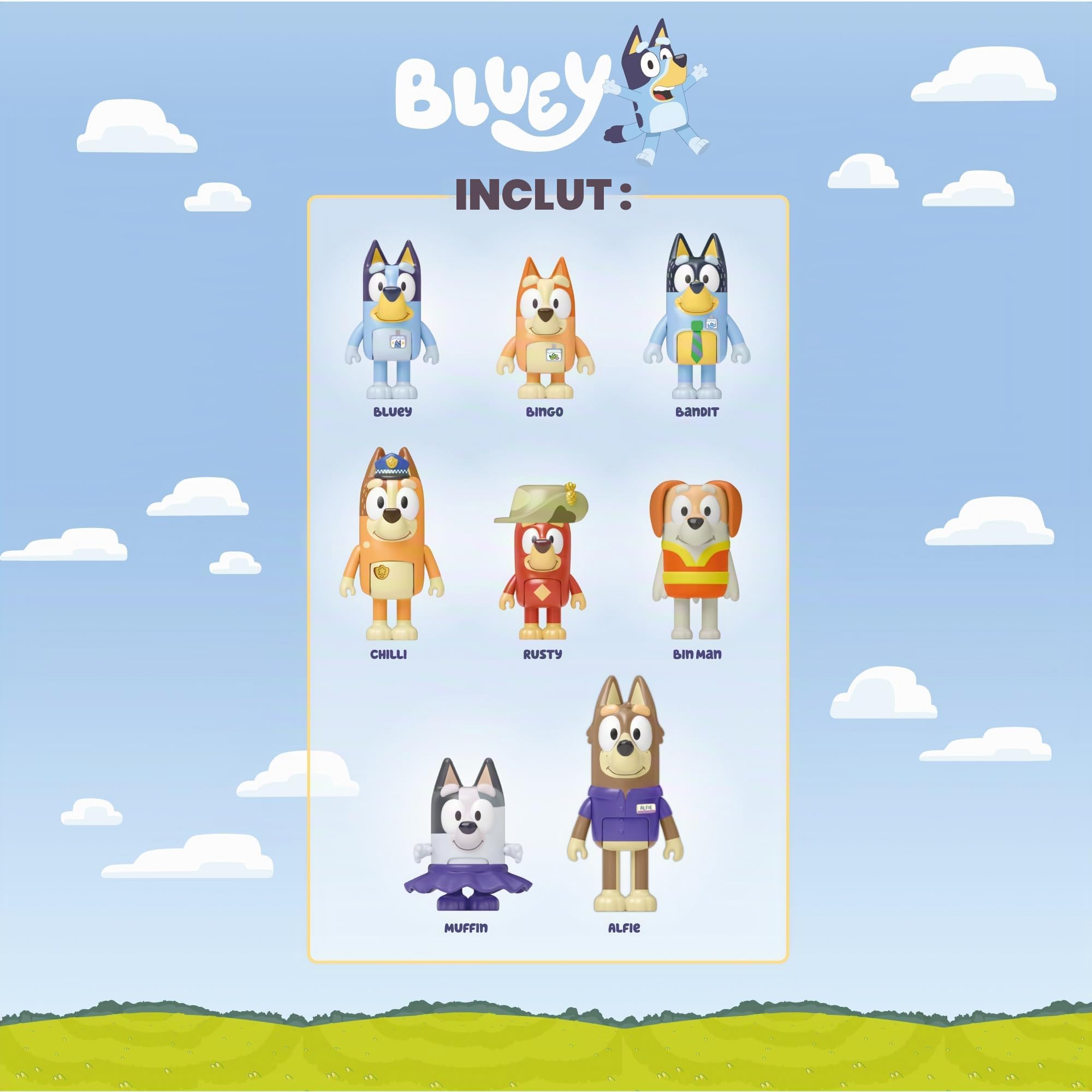 Bluey BLY73000 Lot de 8 Figurines articulées avec Amis préparés pour Aller d'aventure, poupées de la série pour Enfants, augmentez Votre Collection avec ce Pack célèbre