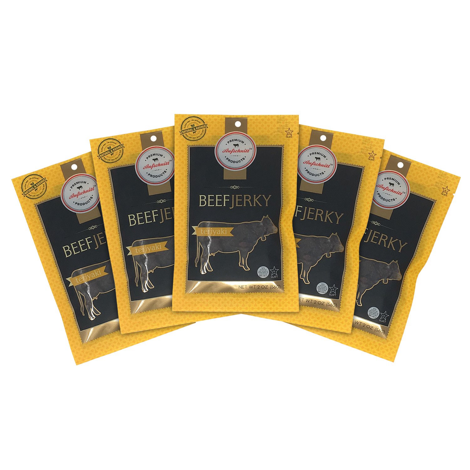 Premium Aufschnitt Products Grass Fed Beef Jerky - Low Sodium, Certified Kosher - Halal and Keto Friendly - 5 Pack, Teriyaki