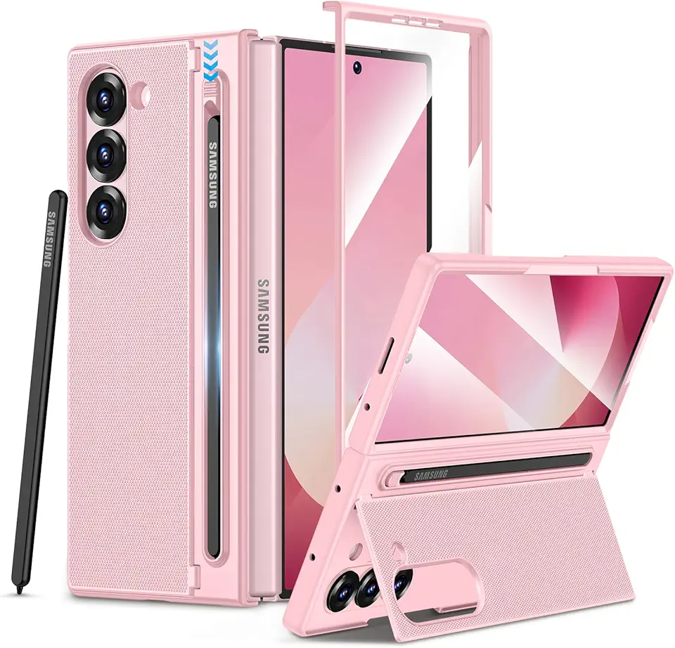 Maxdara Capa para celular Z Fold 6, Galaxy Z Fold 6 com suporte para caneta S, suporte integrado e protetor de tela com suporte para carregamento sem fio, capa fina à prova de choque, rosa