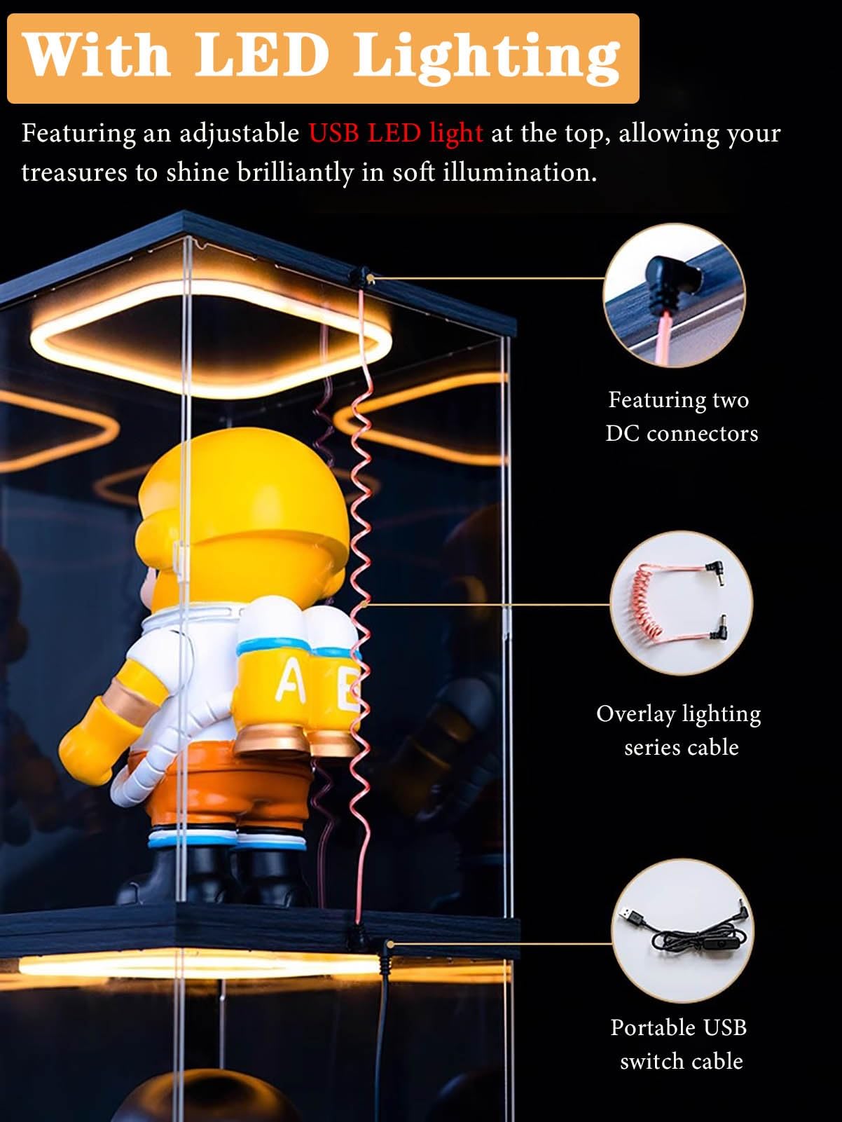 Vetrinetta Espositiva Vetrina con Illuminazione a LED per Action Figure, Contenitori Rettangolari In Acrilico per Giocattoli, Scatola Trasparente Impilabile e Antipolvere(35x15x25cm(14"x6"x10"))