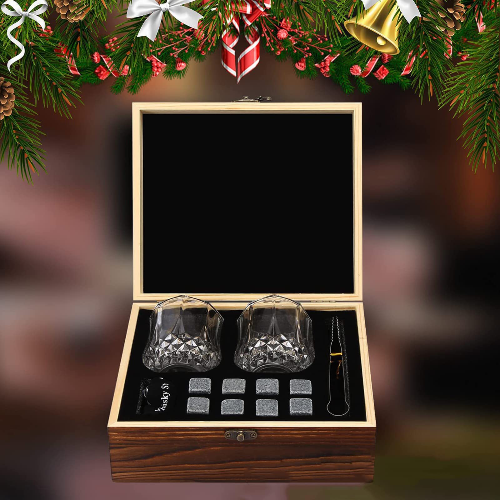 EooCoo Mannen Whisky Stones Gift Set, Wiskey Glazen Set, Whiskey Set Gift Box, Whiskey Stones Gift Set voor Mannen met Houten Doos & 4 Stuks Roestvrij Staal Herbruikbare Whisky Stenen & Glazen