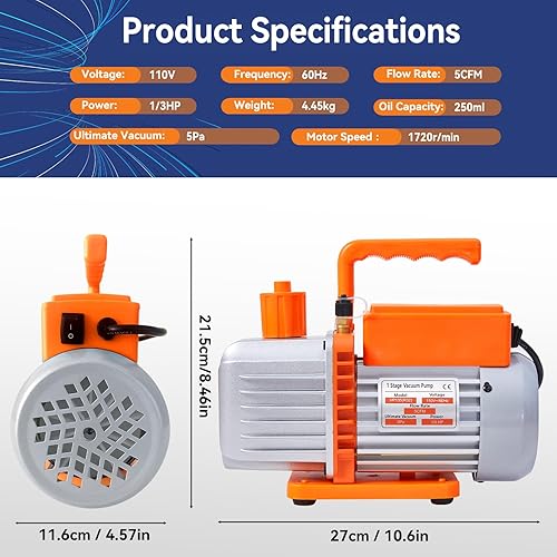 Miniatura 2 de BACOENG Bomba de vacío de 5 CFM, bomba de vacío de paletas rotativas de una sola etapa de 110 V 13 HP con aceite, para R32 R1234yf R134a R410a R12