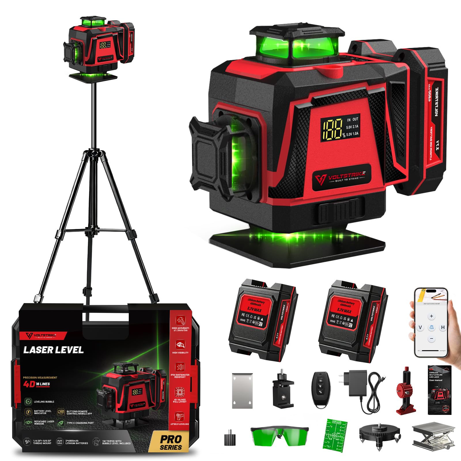 Laser a linee incrociate con treppiede, livella laser VOLTSTRIKE a 16 linee, 4 linee laser a croce a 360° con 2 batterie al litio da 6,0 Ah per appendere foto, ristrutturazione della casa e lavori