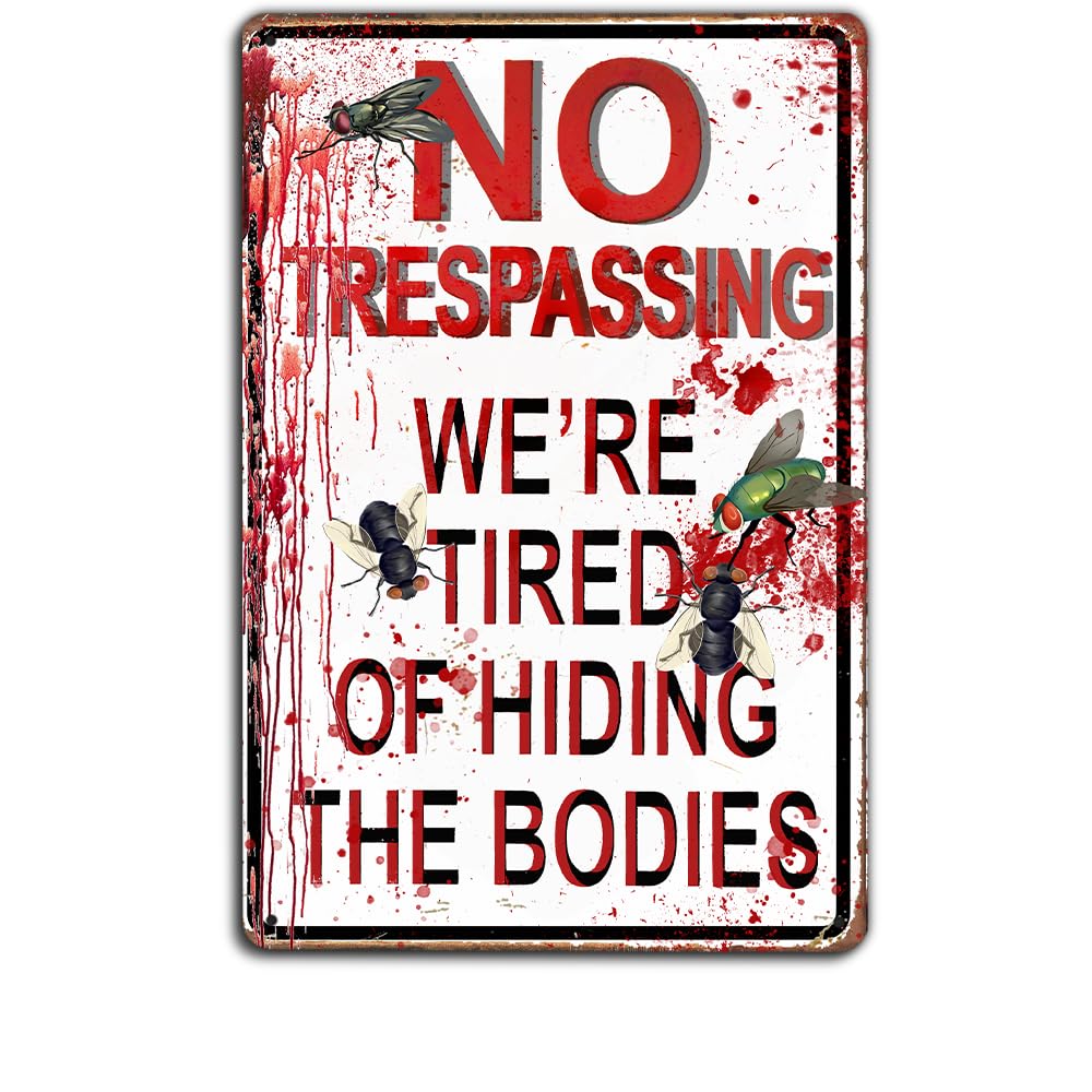 Vintage 12x8 inch Metal Tin Sign with Blood Splatter Design - "No Trespassing" Horror-Themed Wall Decor - Perfect for Haunted Houses, Halloween Parties, and Horror Movie Fans (C173) — image 1