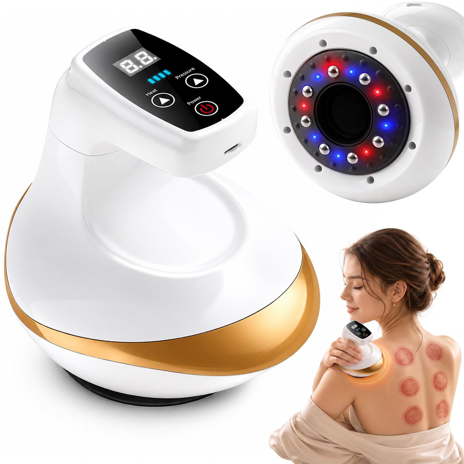 Schröpfgerät Elektrisch - 4 in 1 Elektrisches Schröpfmassagegerät, Vakuummassagegerät Gegen Cellulite 9 Temperatur- und Saugstufen, Digitales Display, USB-Ladung, für zu Hause oder auf Reisen