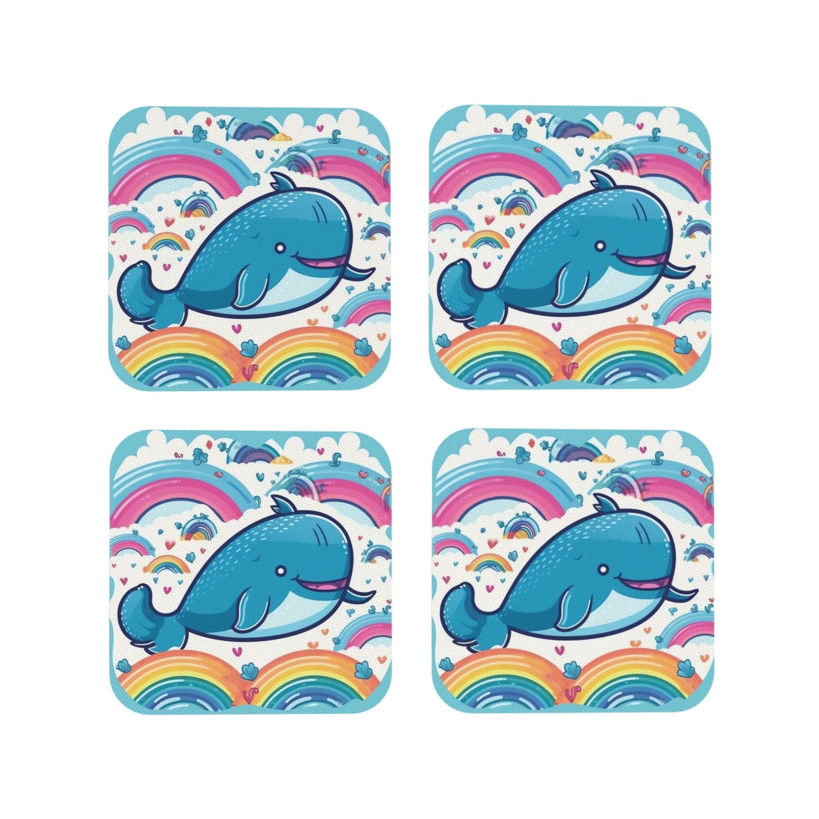 4pcs Drink Coasters for Tabletop Protection, 4" Leather Coasters for Drinks, Cartoon Whale and Rainbow Cup Coasters for Coffee Table Decor, Non-Slip Drinking Cup Mat for Hot Or Cold Drink