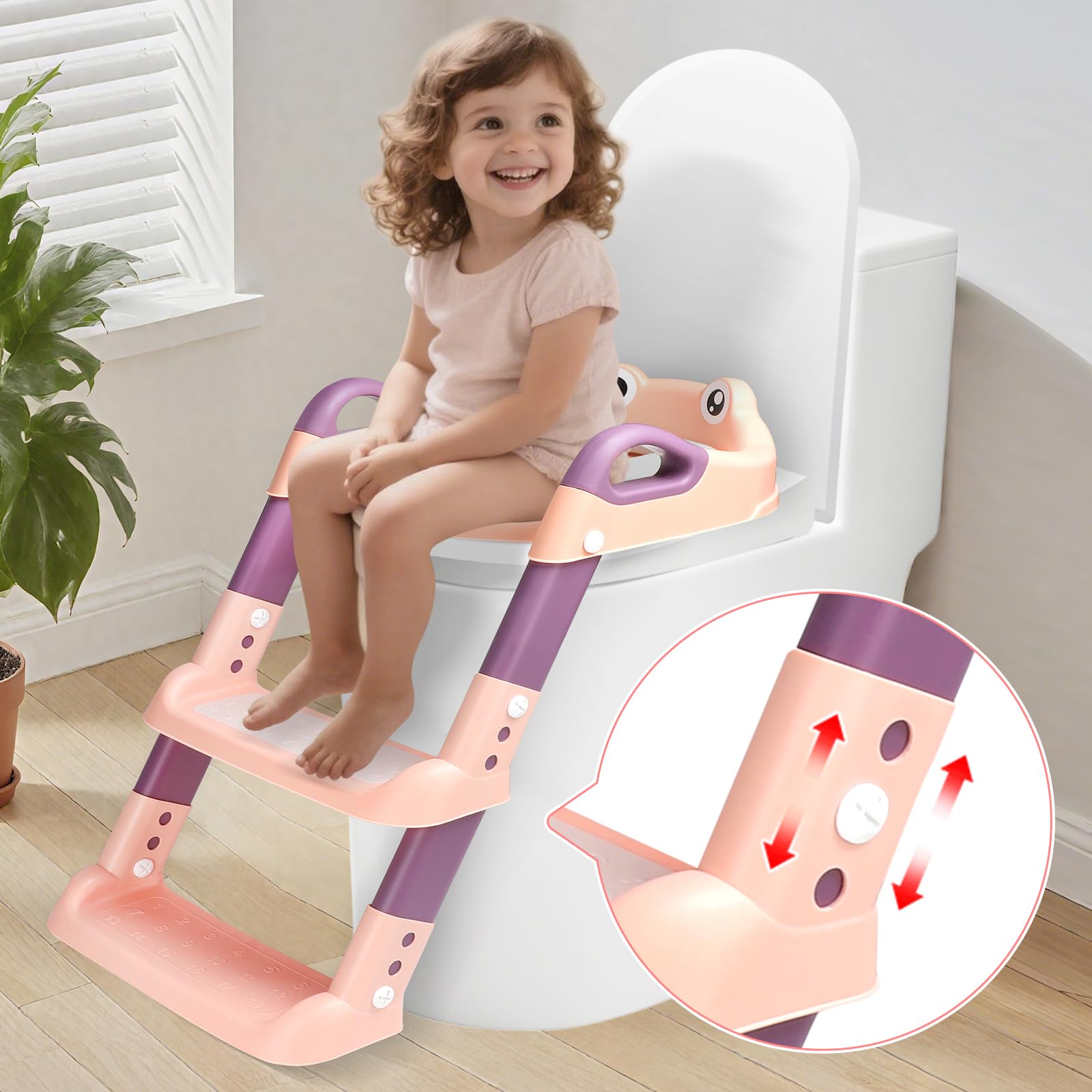 Sedile WC per Bambini con Scale, WC per Bambini, 2 in 1, con Scale, per Ragazzi e Ragazze, Sedile WC con Poliuretano, Regolabile in Altezza e Pieghevole, Antiscivolo con Spritzsc
