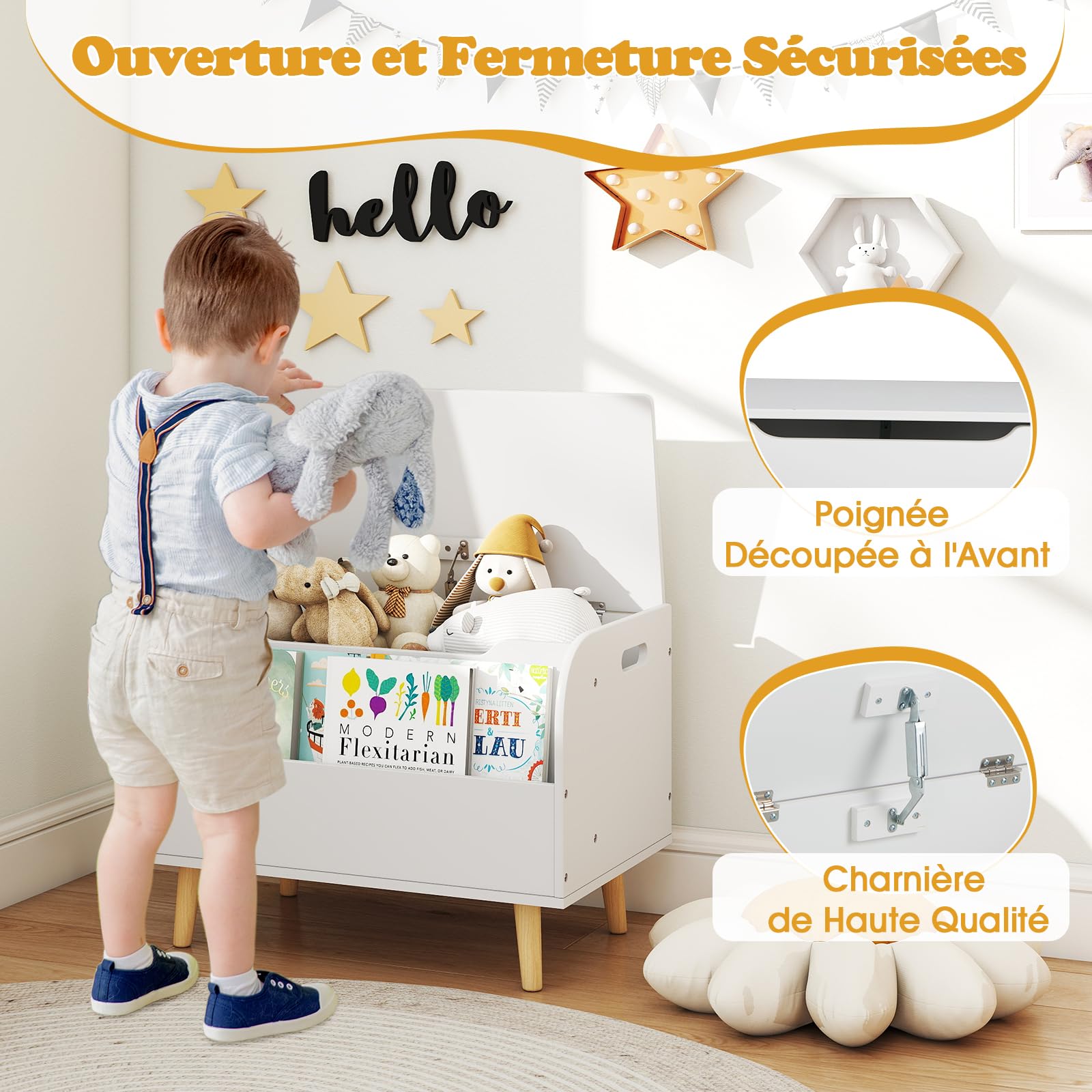 COSTWAY Coffre à Jouet Enfant avec Couvercle Rabattable et Bibliothèque Frontale, Coffre de Rangement Enfant avec 4 Pieds en Pin, Charnière de Sécurité, Organisateur pour 3 Ans+, 60x40x43cm (Blanc)