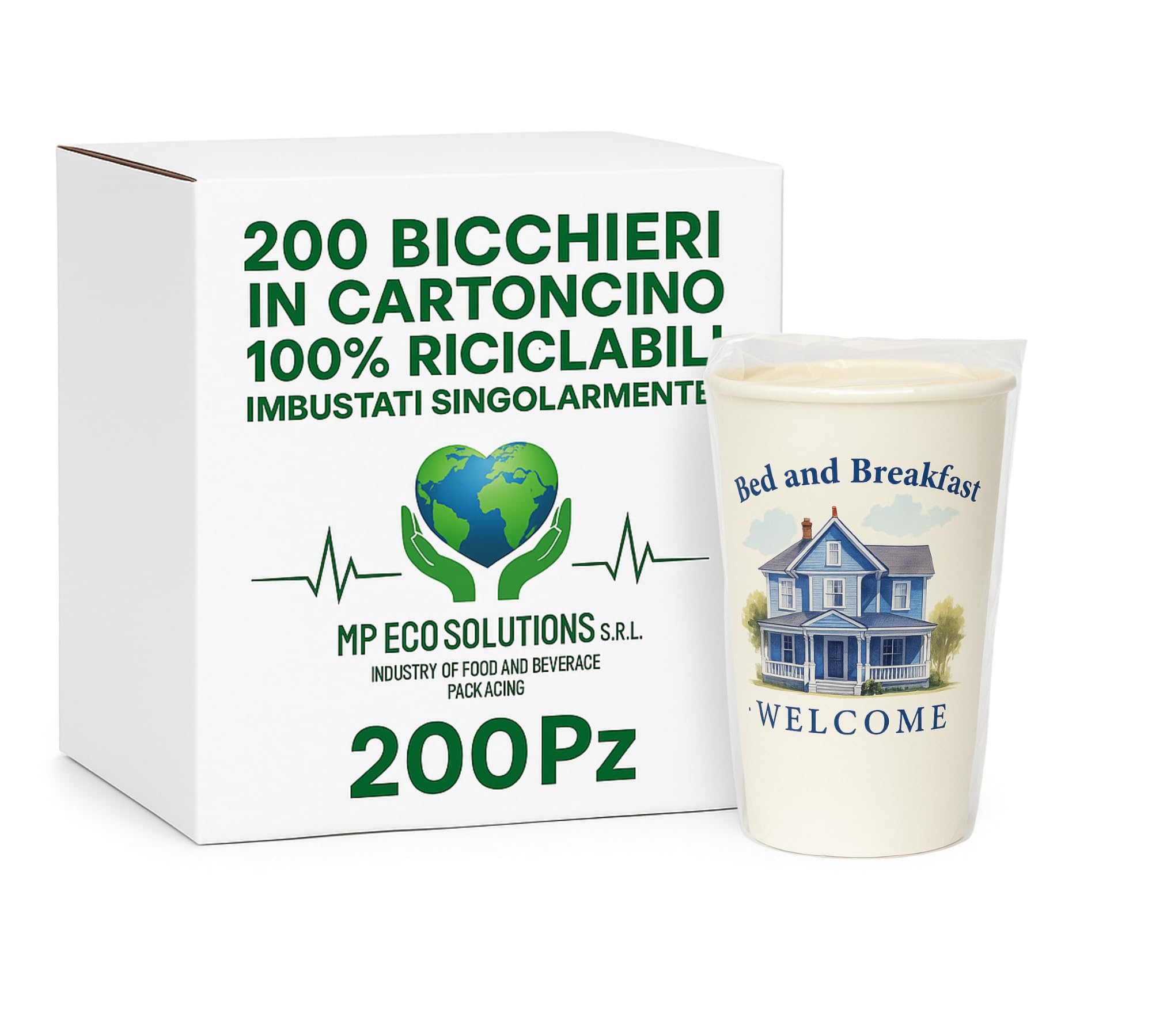 Generico Bicchieri in Carta Imbustati Singolarmente 200 ml – Fantasia B&B – Confezione da 200 Pezzi – Monouso, Igienici e Riciclabili – MP Eco Solutions