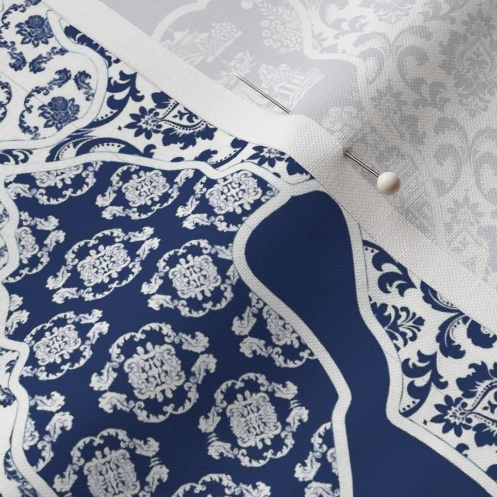 Spoonflower Fabric - Cartography Map Whimsical Floral Toile Chinoiserie Blue and White Printed on Petal Cotton Fabric Fat Quarter - Sewing Quilting Apparel Crafts Decor