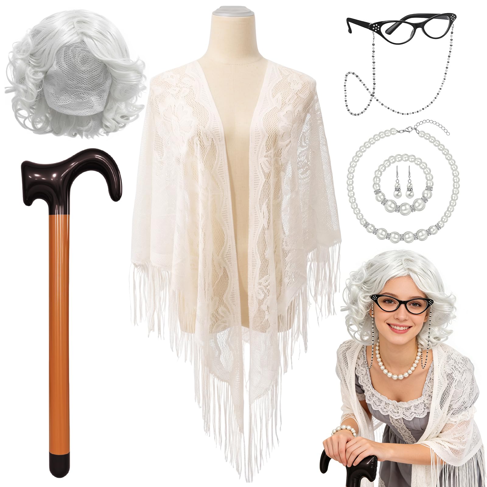 Lrrtdepy Old Lady Costume Set for Women, Granny Fancy Dress with Silver Curly Wig Glasses Pearl Jewelry Lace Shawl Inflatable Cane for Halloween Cosplay Party Grandma Dress Up Accessories